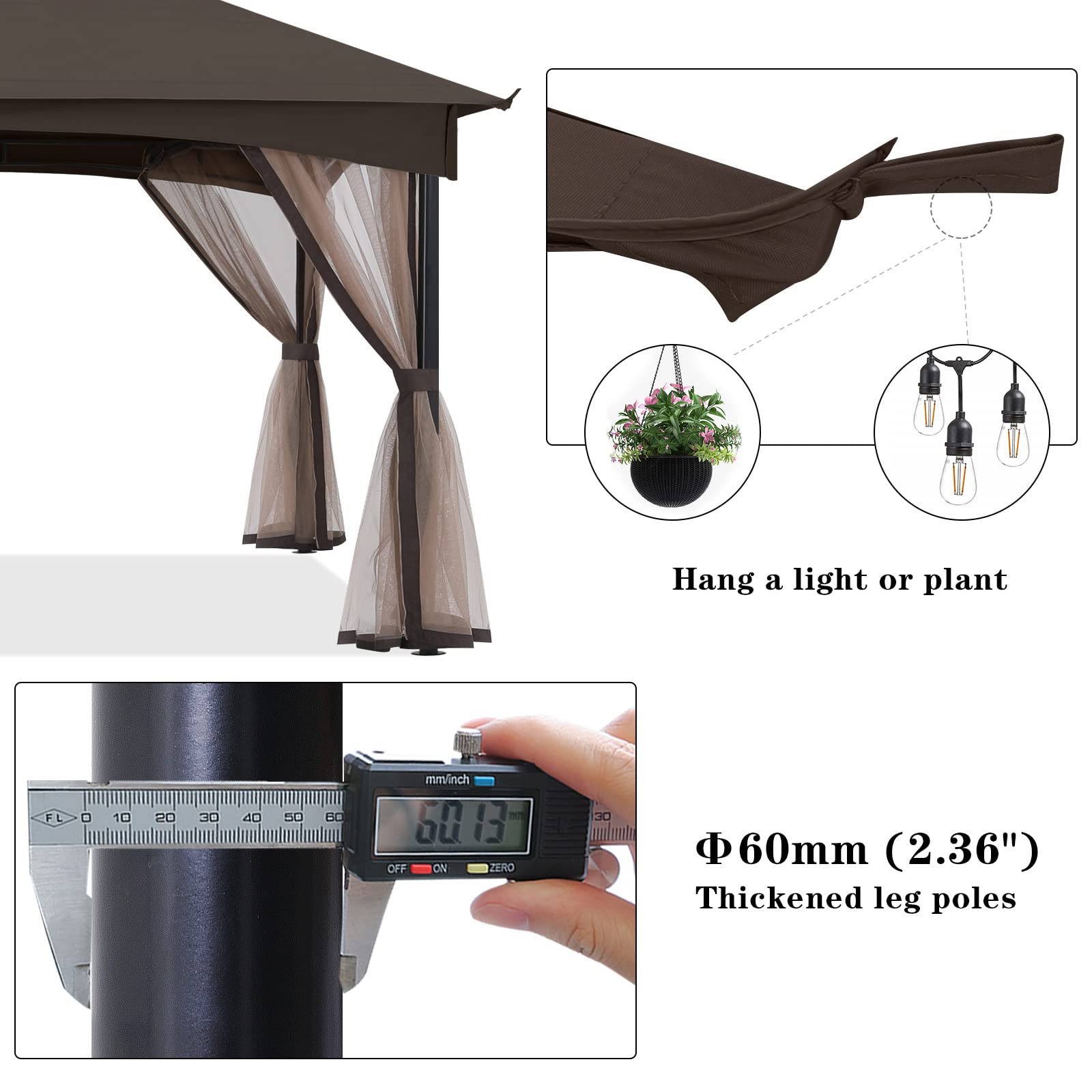 Tool-Free Patio Gazebo with Netting Walls - Easy Screw-Free Installation 11x11ft Dark Brown Outdoor Garden Canopy for Backyard, Deck, and Poolside Relaxation