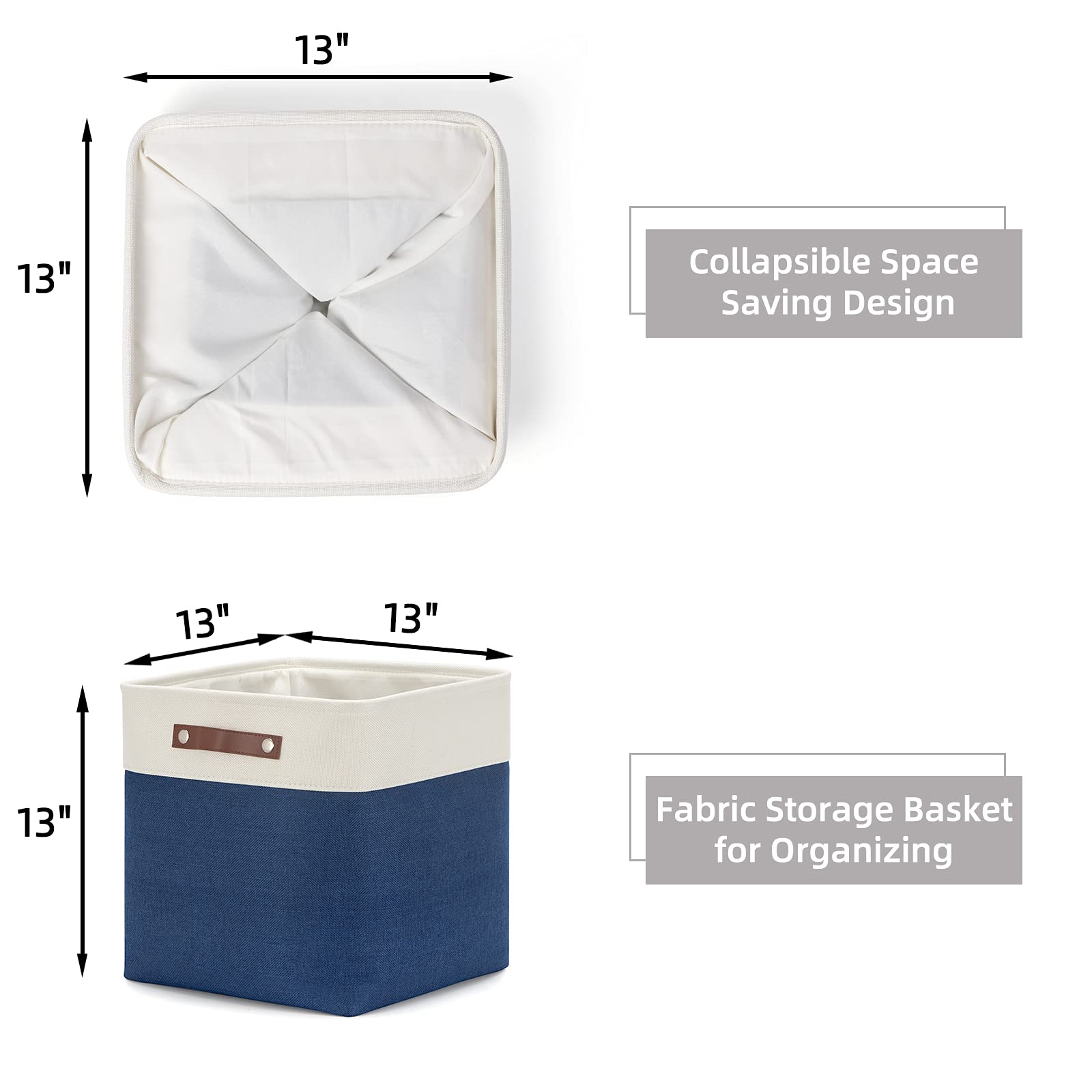 3-Pack Fabric Storage Cubes & Bins - 13x13 Collapsible Organizer Baskets with Leather Handles (White & Blue) | Perfect for Shelves, Closets & Toy Storage | Home Organization & Nursery Decor