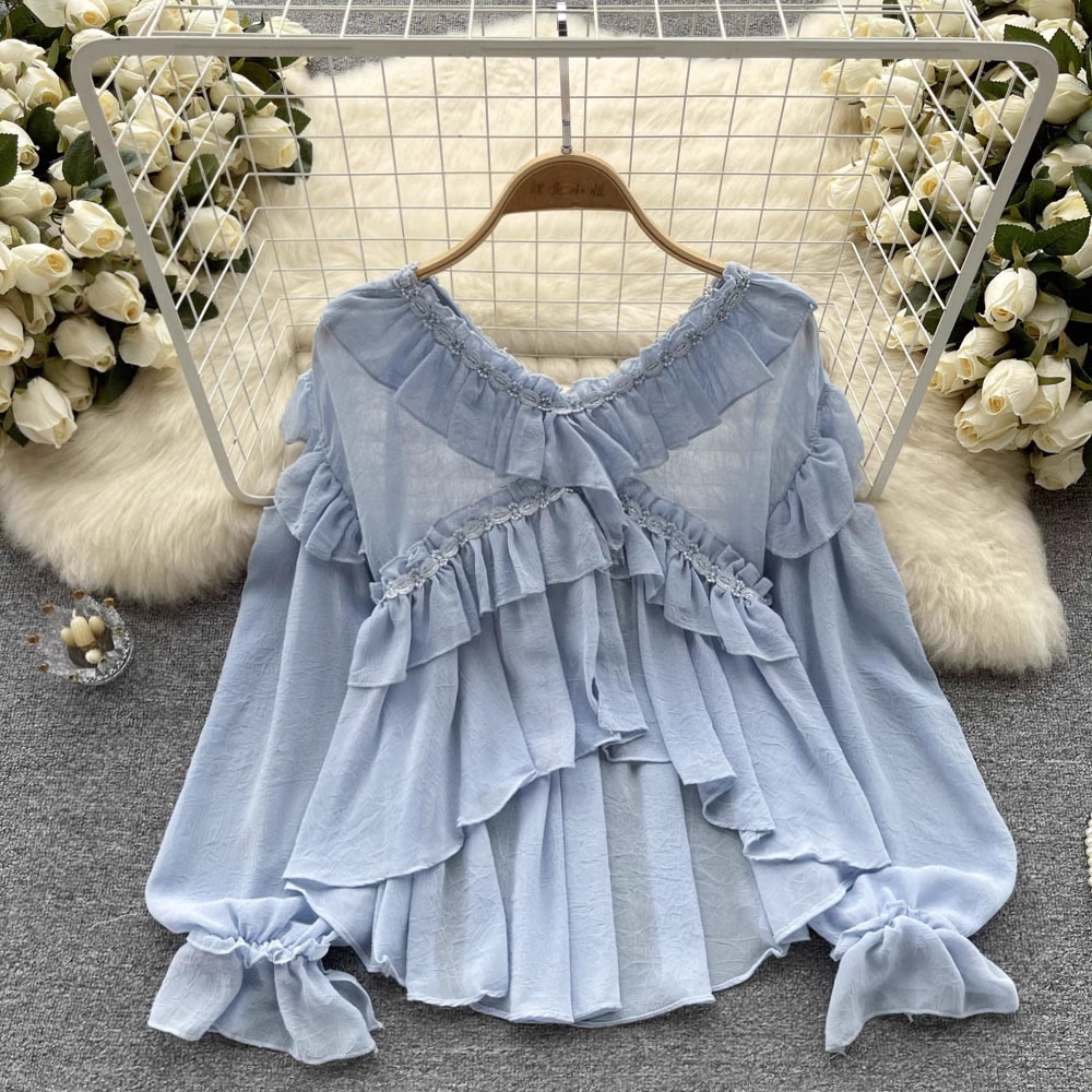 Stylish Irregular Ruffle Shirt with Bell Sleeves - Fairy Top 1067 for Women | Boho Chic Blouse for Casual Wear, Date Night & Festival Outfits