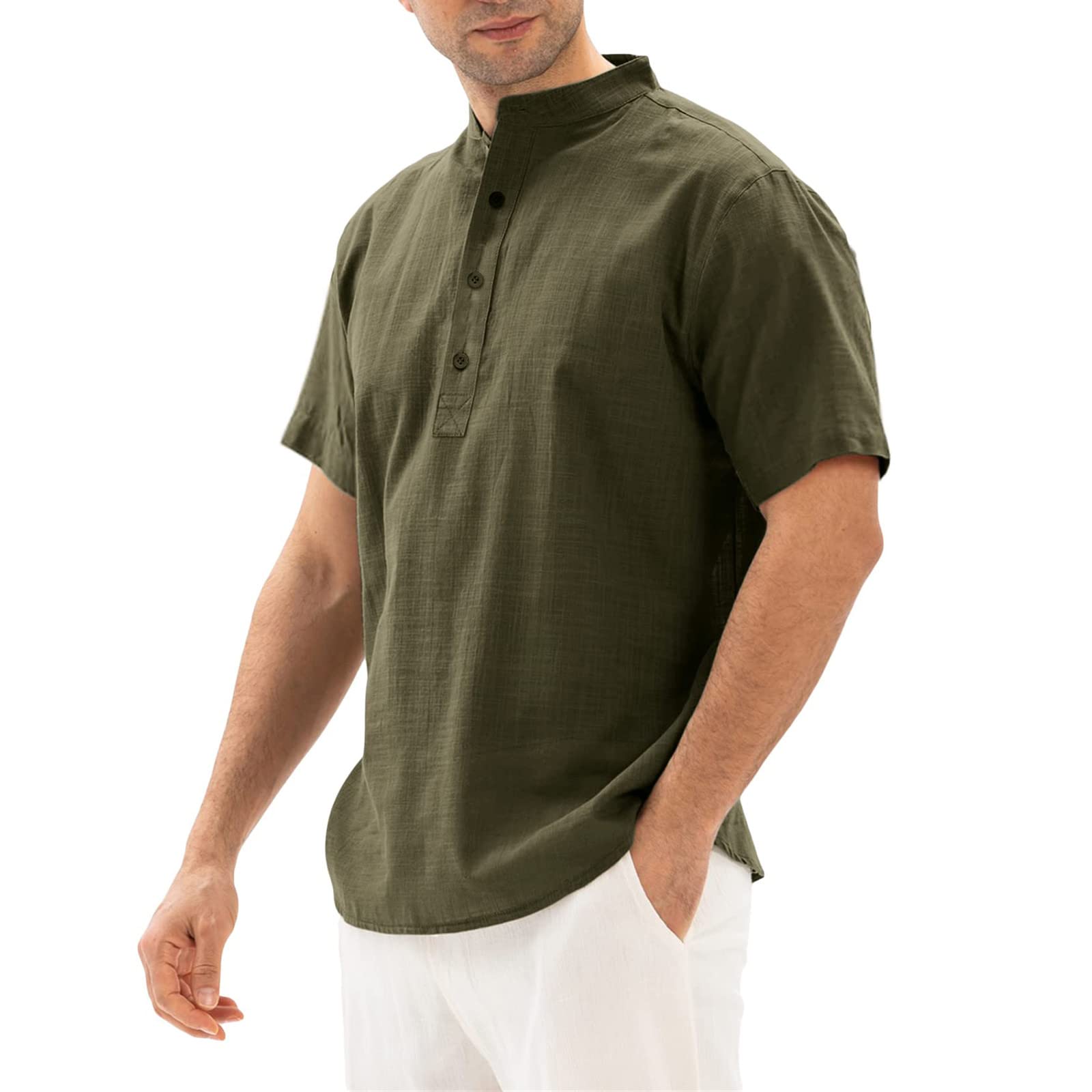 Men's Cotton Linen V-Neck Short Sleeve Casual Shirt with Pocket - Spring Summer Fashion Button Up Top for Work, Travel & Outdoor Activities