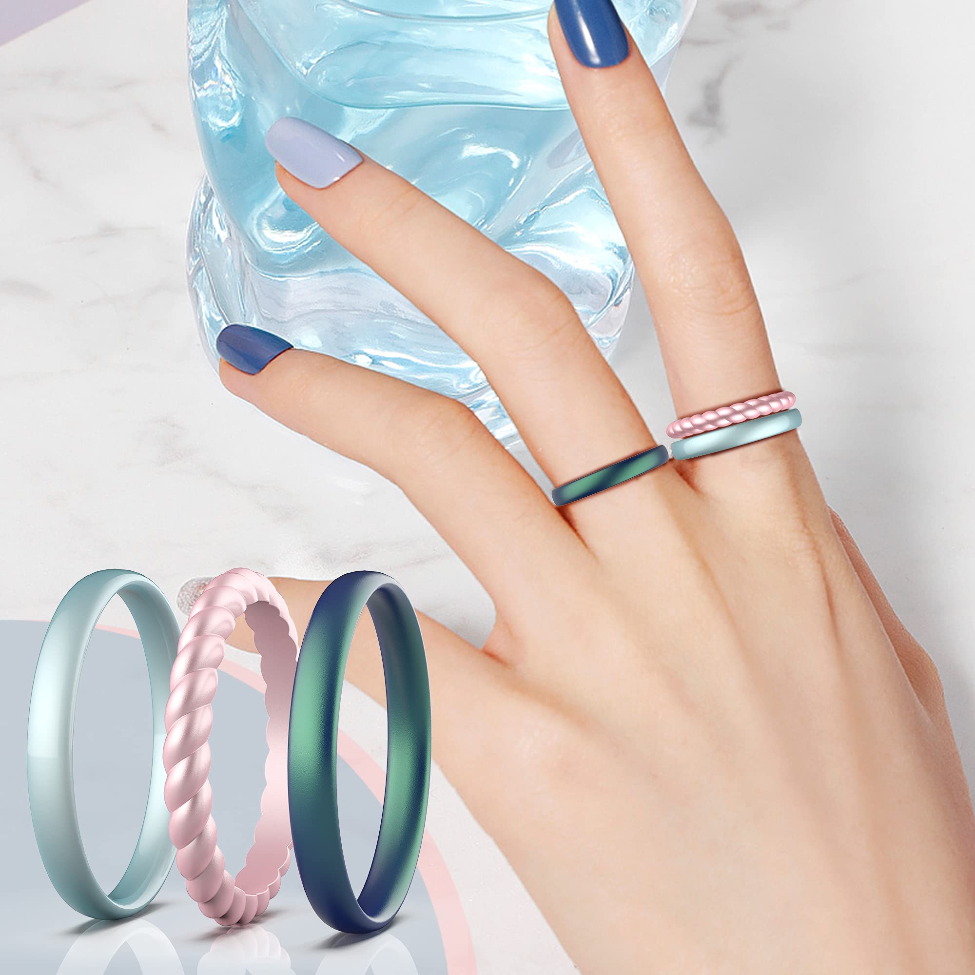 Zollen 3mm Thin Braided Silicone Wedding Rings for Women - Metallic Color Stackable Rubber Bands, Hypoallergenic Comfort Fit - Perfect for Active Lifestyle, Gym, Swimming & Everyday Wear