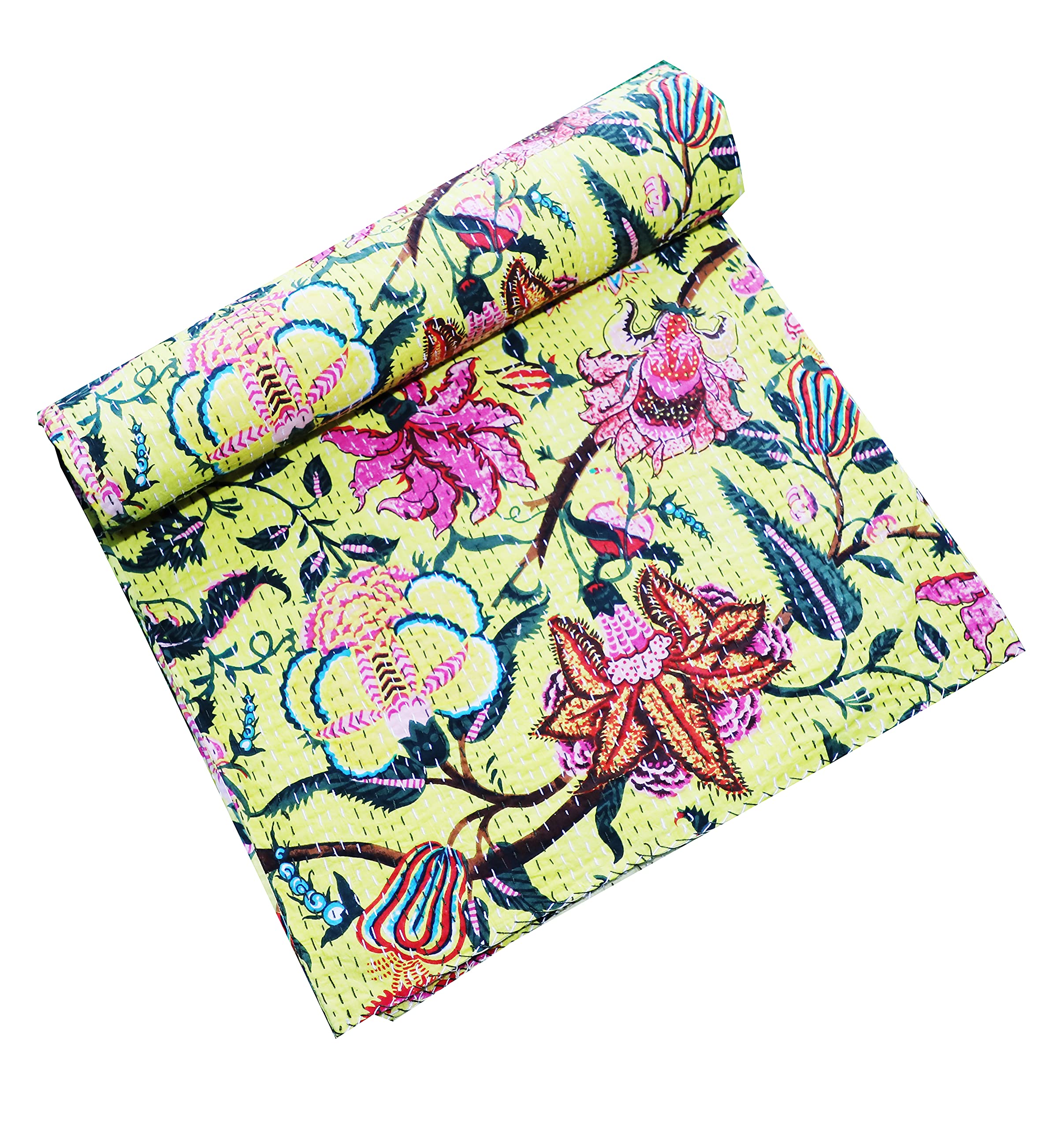 Handmade Indian Kantha Quilt - 100% Cotton Bohemian Floral Block Print Bedspread & Throw Blanket (Queen Size, Yellow 02) - Perfect for Boho Bedroom Decor, Cozy Sofa Throws & Unique Gift Ideas