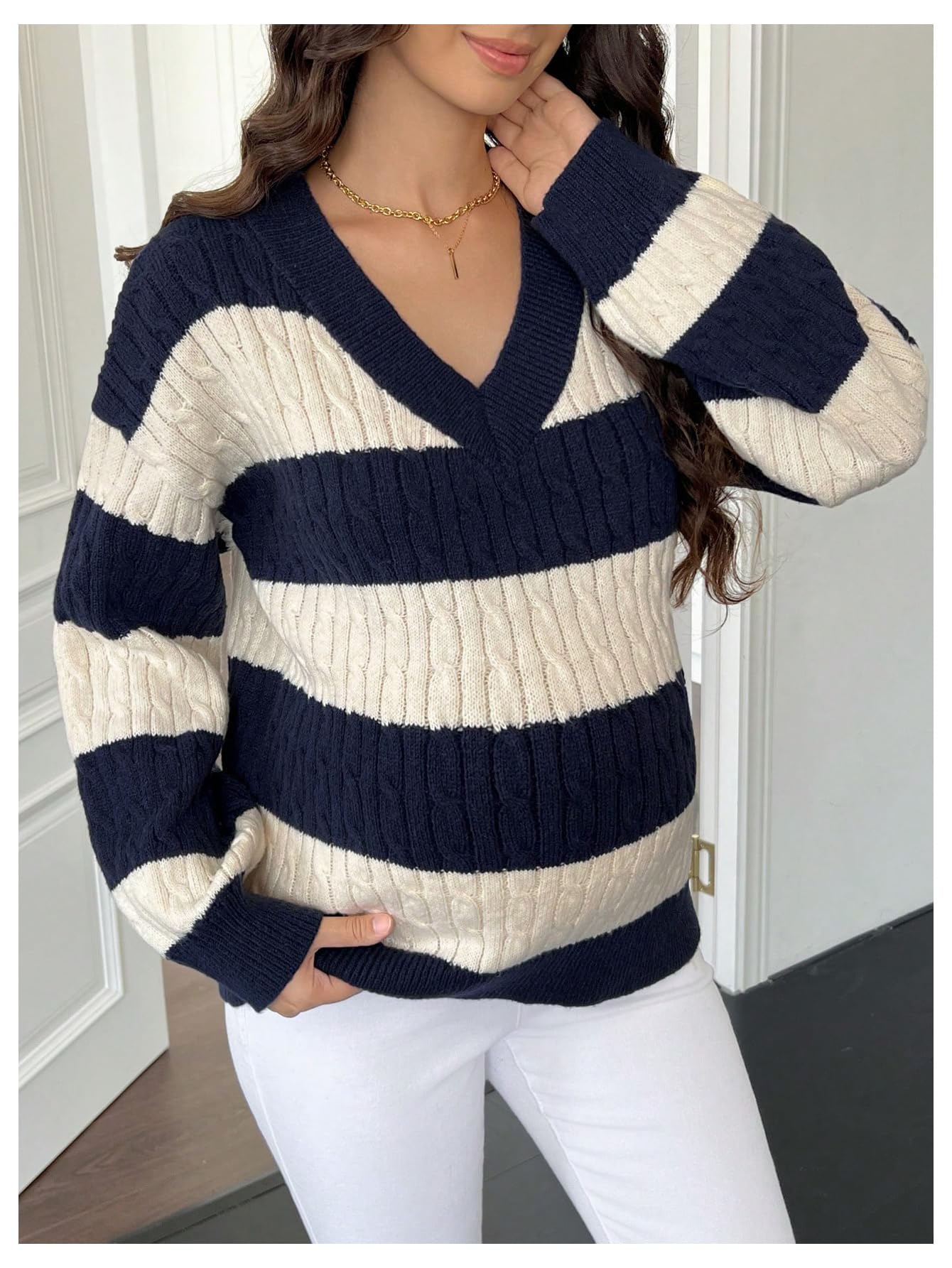 Stylish Women's Maternity Sweater - Striped Cable Knit V-Neck Long Sleeve Pregnancy Top for Comfort & Fashion | Perfect for Office, Casual Outings & Maternity Photos