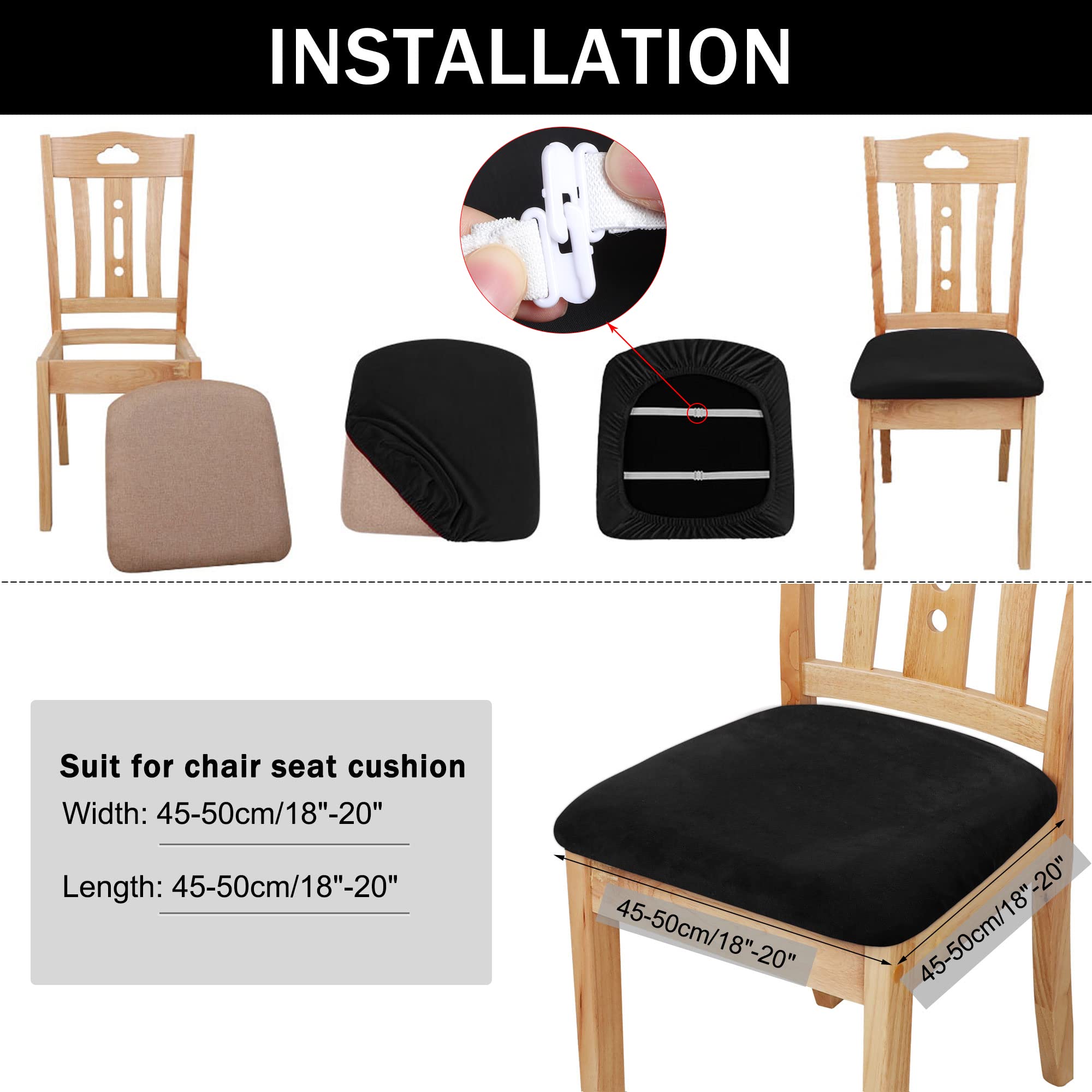 PiccoCasa Velvet Stretchable Printed Chair Seat Covers with Ties - Set of 6 Black Slipcovers for Dining Room & Kitchen Chairs - Perfect for Home Decor, Parties, and Daily Comfort