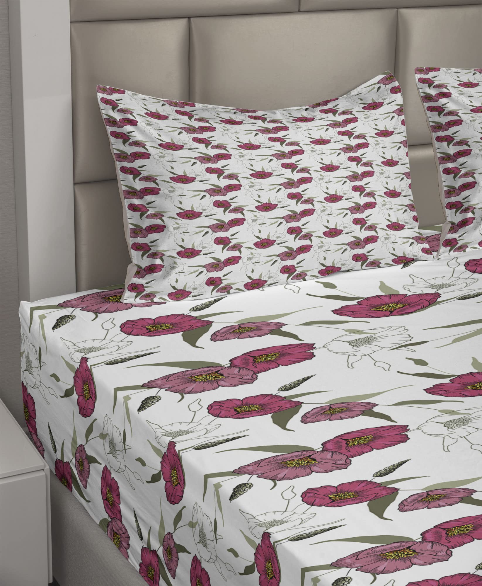 Ambesonne Floral King Size 4-Piece Sheet Set - Pink Gracious Poppy Pattern on Plain Background, Fitted & Flat Sheets with Pillowcases, Dried Rose Army Green - Soft & Breathable Bedding for Master Bedroom, Guest Room, or Dorm
