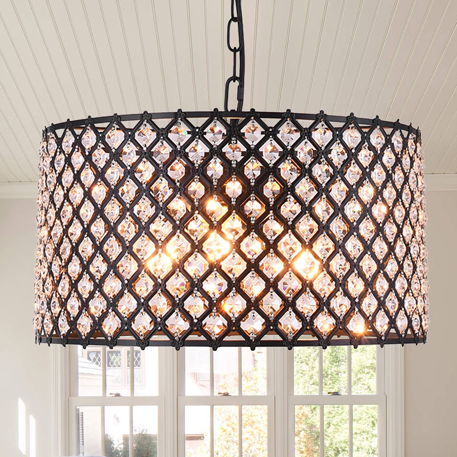 Lingkai 3-Light Crystal Chandelier Pendant Light Fixture - Black Metal Drum Shade Ceiling Lamp for Dining Room, Living Room & Bedroom Lighting