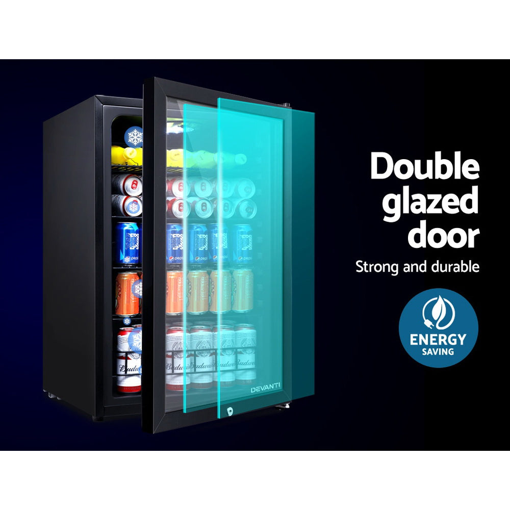 Devanti 115L Mini Refrigerator with Glass Door and LED Light - Black | Compact Bar Fridge for Home, Office, Dorm, or Entertainment Room
