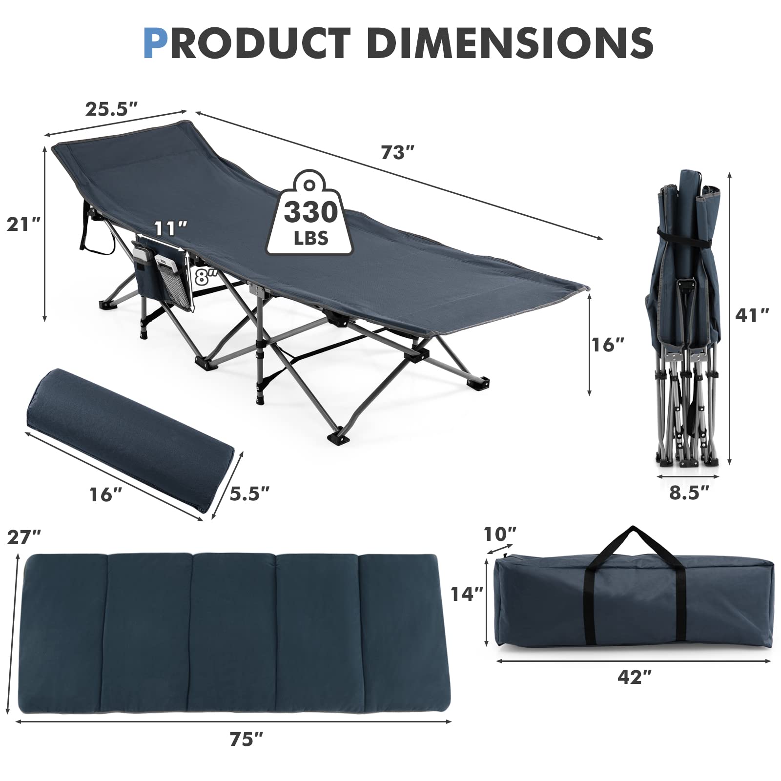**Tangkula Heavy Duty Camping Cot for Adults - Portable Folding Sleeping Cot with Removable Mattress, Pillow & Side Pocket - Indoor Outdoor Cot Bed with Carry Bag - Perfect for Travel, Camping, Office & Home Use (Blue)**