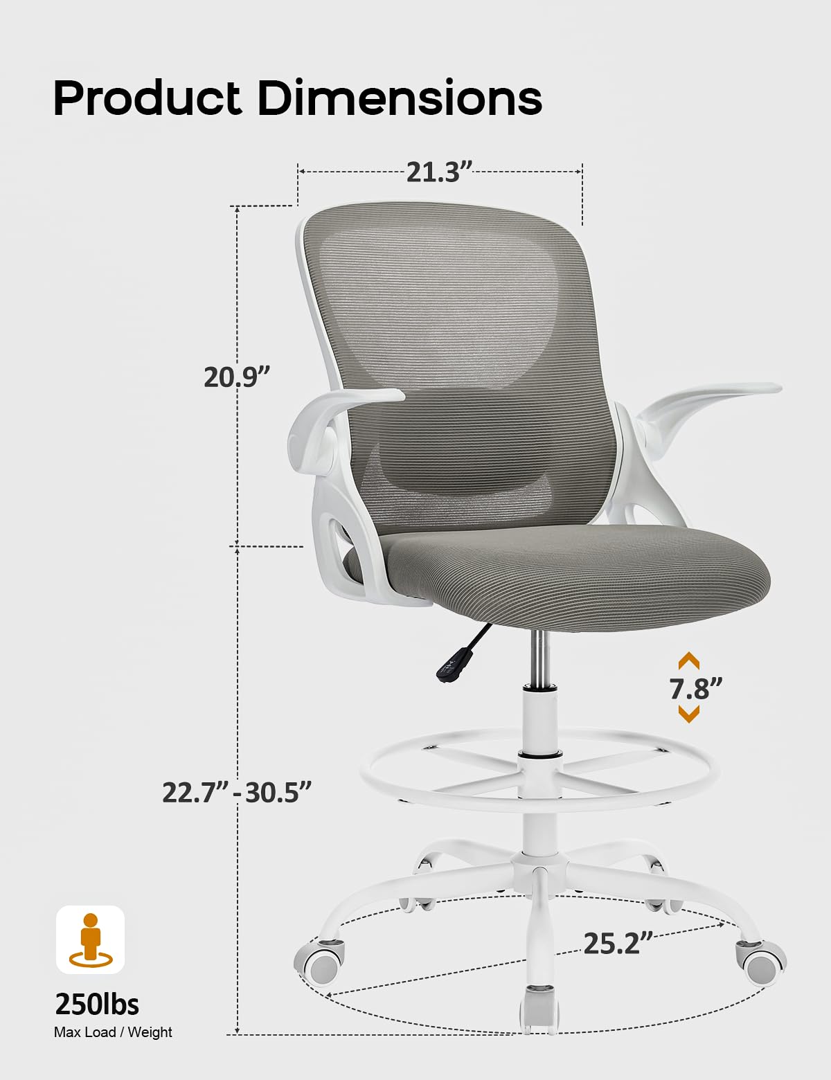 Ergonomic Drafting Chair with Flip-Up Armrests & Adjustable Footrest - Tall Office Chair for Standing Desk - Comfortable Lumbar Support - White-Gray - Perfect for Architects, Artists & Home Office Workspaces