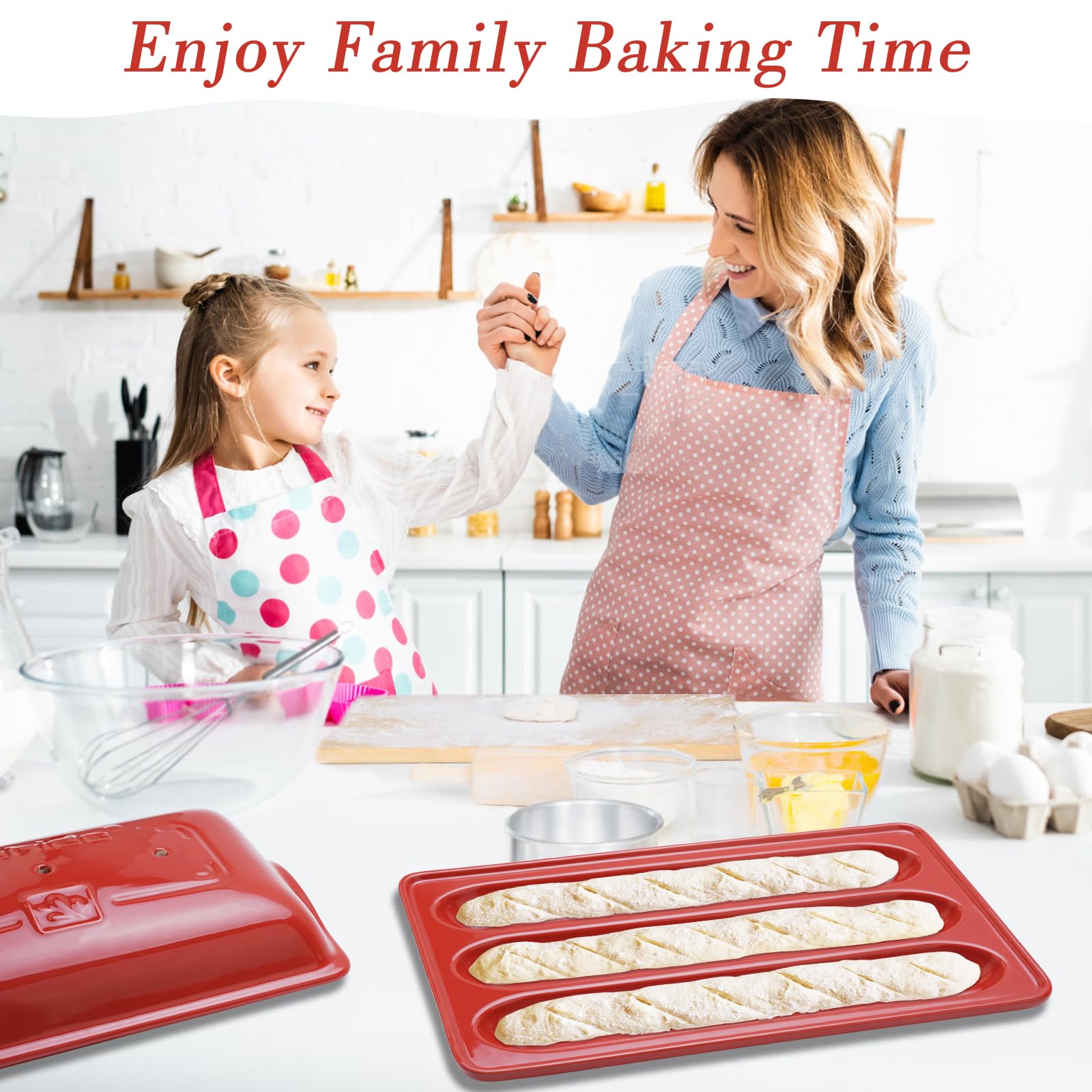 French Bread Baking Pan with 3 Independent Slots & Cover - Ceramic Rectangular Loaf Pan for Even Heating & Crispy Crusts | Perfect for Homemade Artisan Bread, Sourdough & Baguettes
