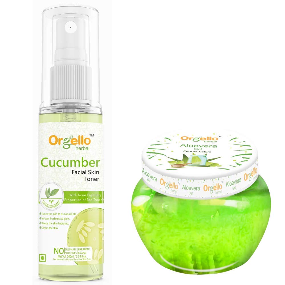 Orgello Herbal Cucumber Toner Mist Spray (100ml) & Aloe Vera Gel (100g) 2-Pack Set - SLS, Paraben & Mineral Oil Free for All Skin Types | Hydrating Face Mist & Soothing Gel for Daily Skincare, Sunburn Relief & Post-Workout Refreshment