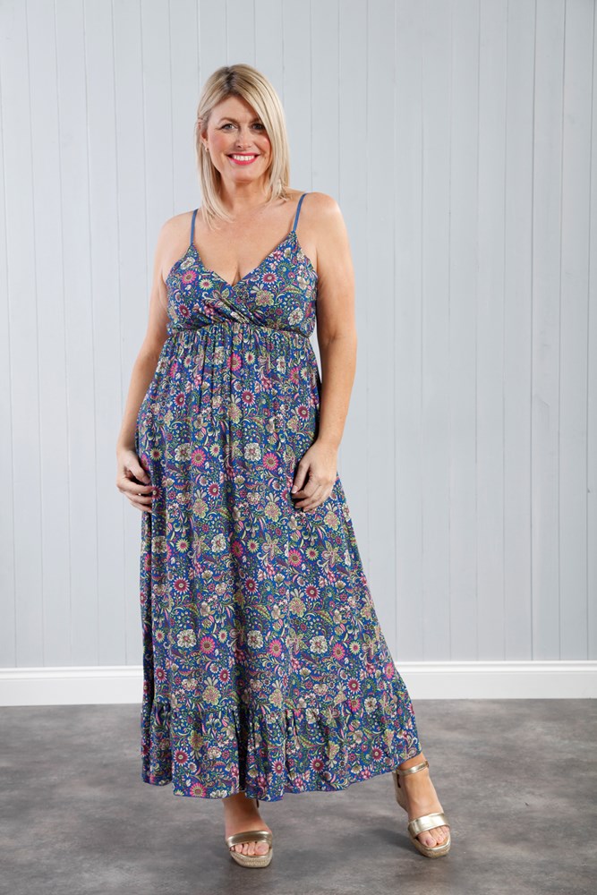 Ria Ditsy Maxi Dress for Women - Floral Print Long Summer Dress in Ocean Blue - Perfect for Beach Vacations, Date Nights & Outdoor Parties