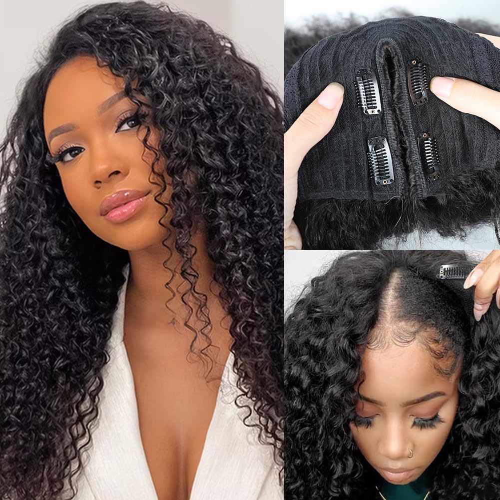 V SHOW 20 Inch V Part Deep Wave Human Hair Wigs - Glueless No Leave Out Curly Wave U Part Wig 150% Density (Natural Black) for Women | Perfect for Daily Wear, Parties & Special Occasions