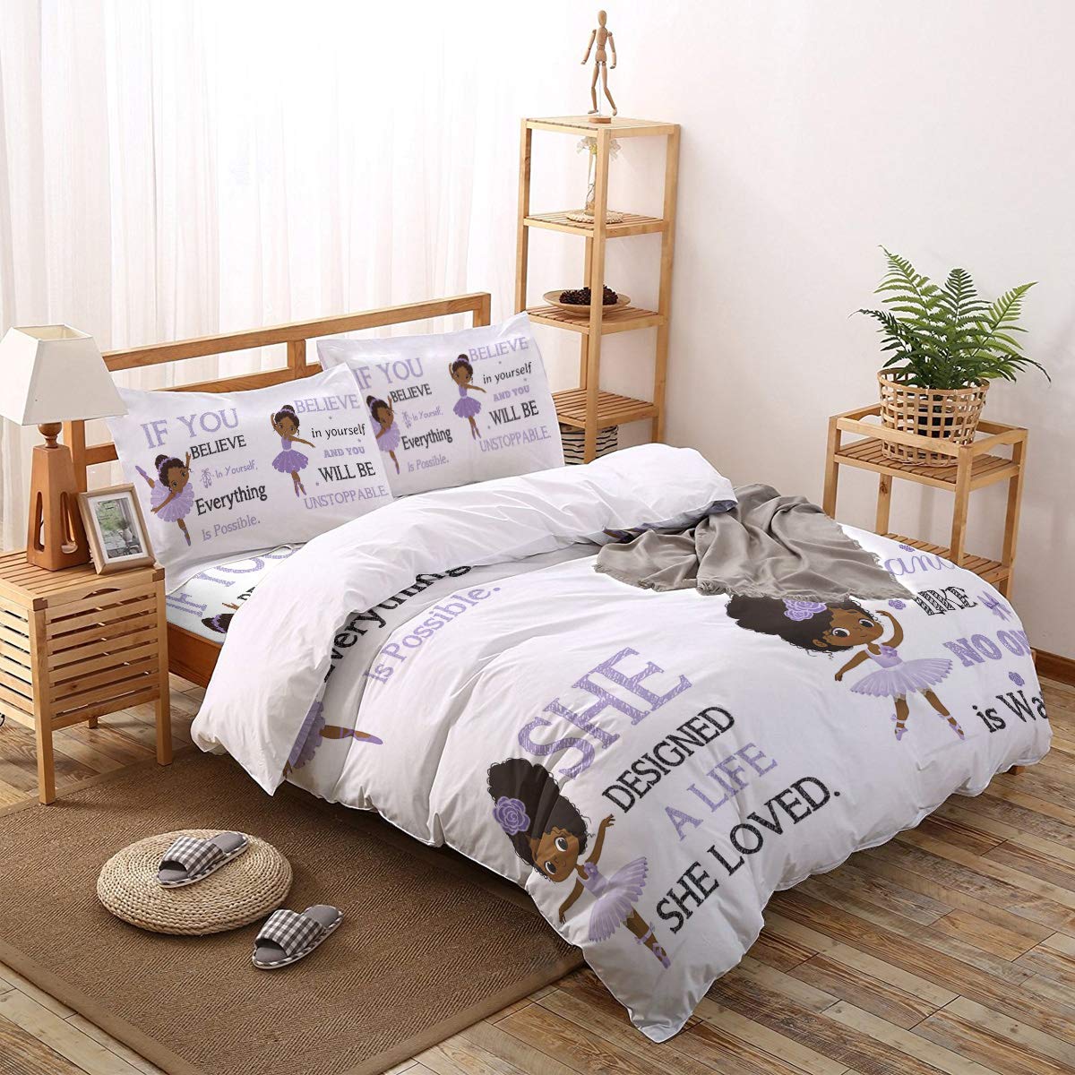 MuswannaA 4-Piece Purple African Ballet Girl Duvet Cover Set with Inspirational Text - Ultra Soft Comforter Cover with Zipper & Corner Ties, Full Size Bedding for Kids & Adults - Perfect for Girls' Rooms, Dorm Decor & Themed Bedrooms