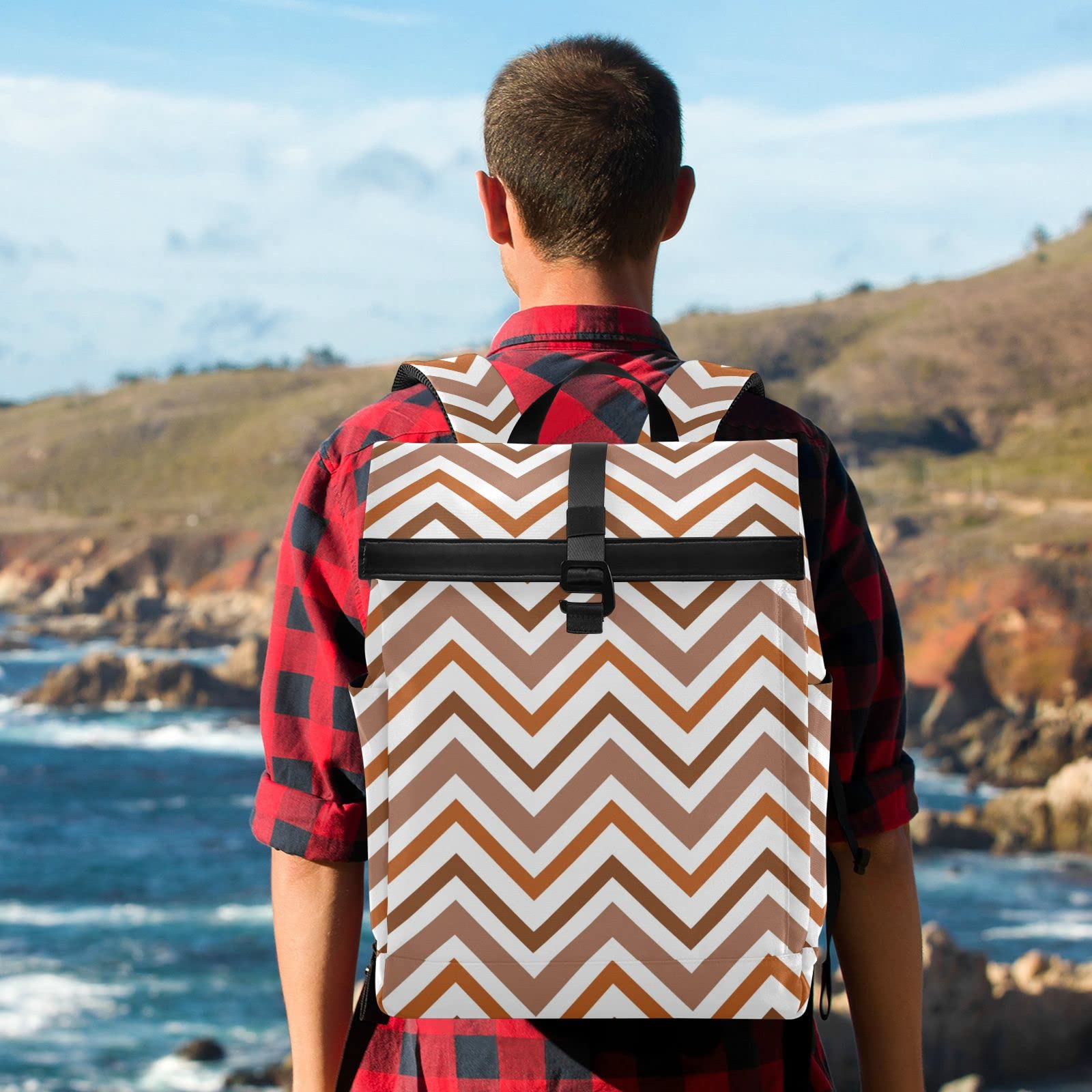 Acpiggto Roll Top Backpack - Brown Zigzag Striped Geometric Design, Classic Travel Daypack with Padded Shoulder Straps (Large & Medium Sizes) - Perfect for Hiking, Commuting & College Campus Use