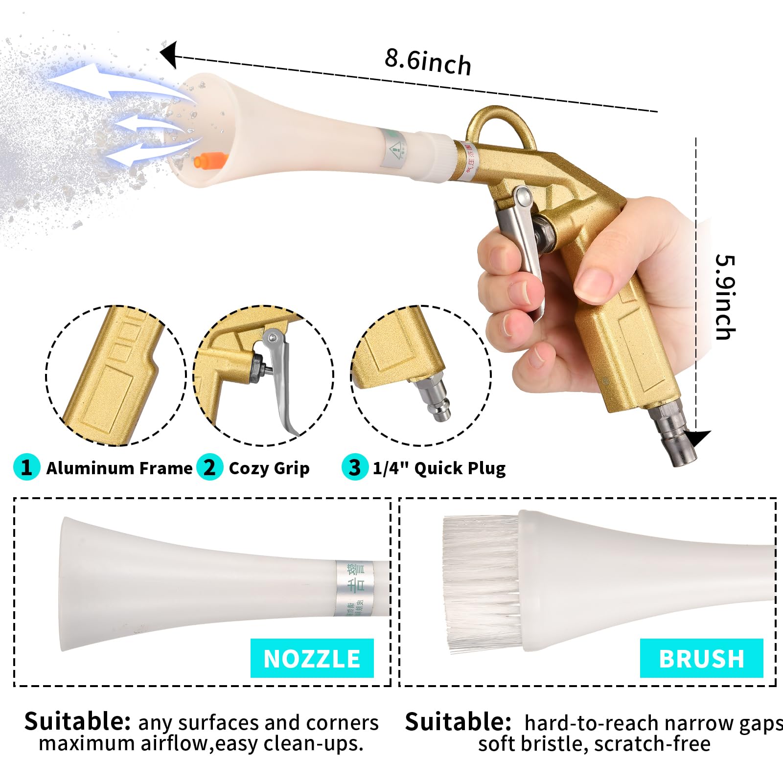 Air Blow Gun for Car Detailing - Powerful Air Compressor Blower with Nozzle & Dusting Brush - Perfect for Interior Cleaning, Drying, and Dust Removal - Ideal for Auto Detailing, Car Wash, and Vehicle Maintenance
