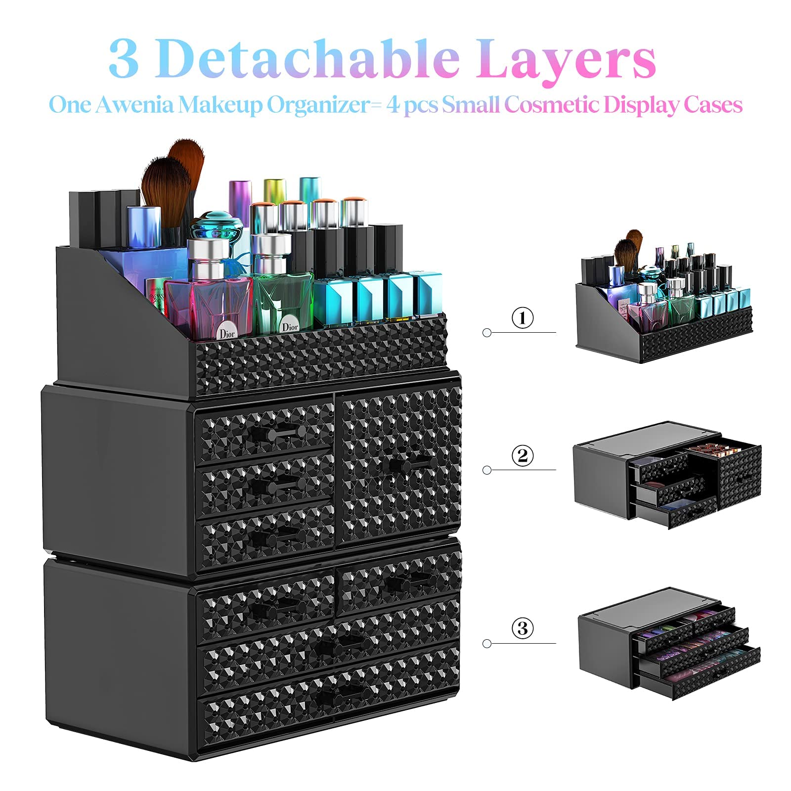 Awenia 360° Rotating Makeup Organizer with Drawer - Acrylic Cosmetic Storage Case for Brushes, Perfume & Jewelry Display (2 Styles, Black) - Perfect Vanity Organizer & Gift for Beauty Lovers | Ideal for Bedroom, Bathroom & Travel Makeup Storage