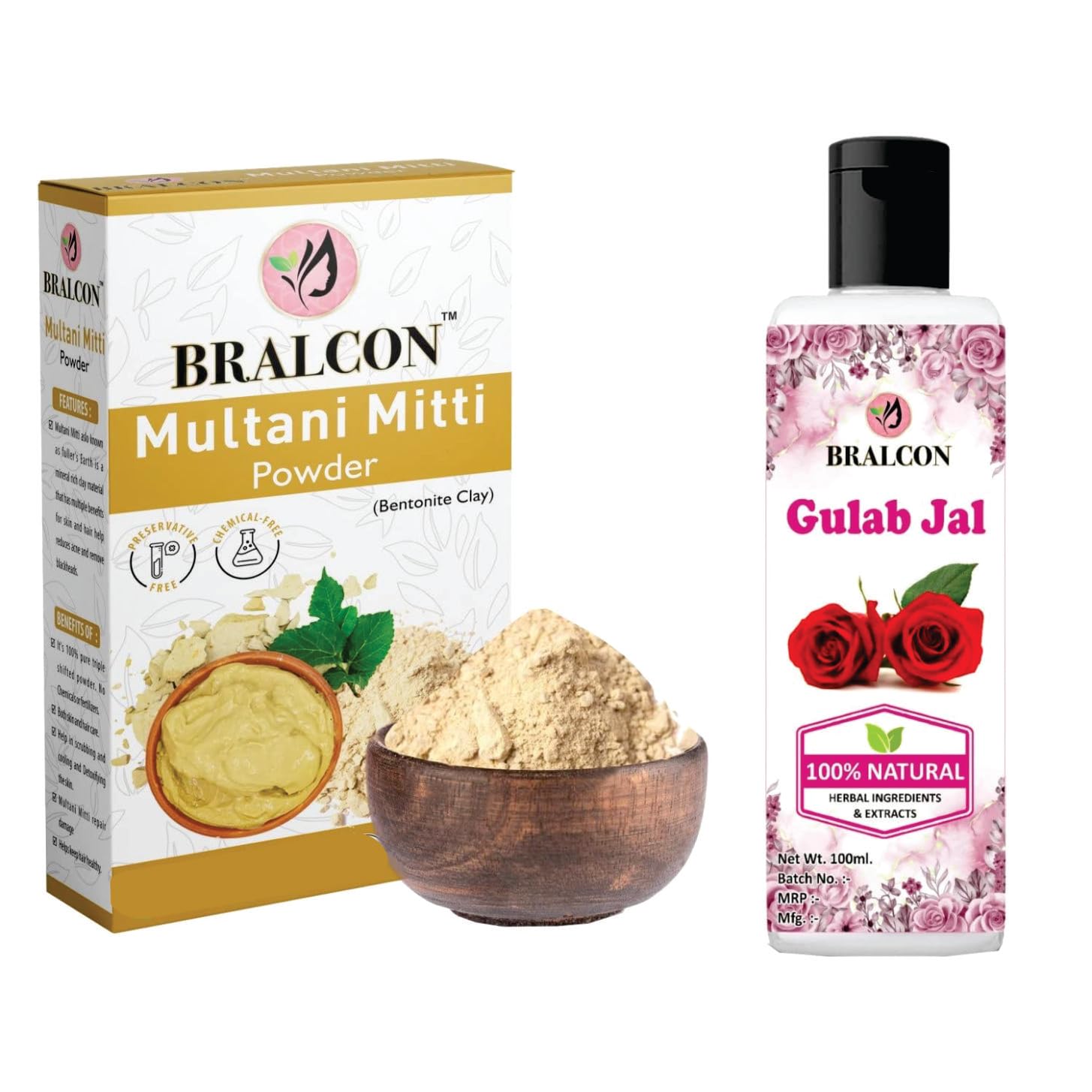 BRALCON Gulab Jal Rose Water (100ml) & Multani Mitti Clay Powder (100g) Combo Set - Natural Face Mask, Skin Brightening & Hair Care Treatment for Glowing Skin - Perfect for DIY Spa, Acne Treatment & Daily Beauty Routine