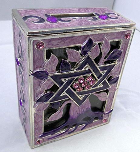 Shuki's Judaica Tree of Life Tzedakah Box - Handmade Blue & Pink Charity Box for Jewish Home Decor, Synagogue Donations & Bar Mitzvah Gifts