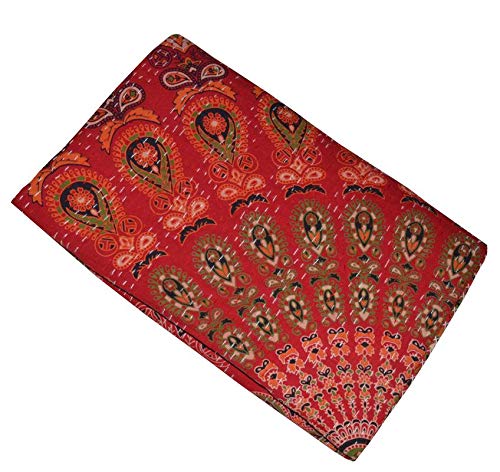 Red Peacock Mandala Tapestry Throw Blanket - Twin Size Indian Kantha Embroidered Quilt 80x50 Inches - Bohemian Bedspread for Home Decor, Yoga Studio & Dorm Room