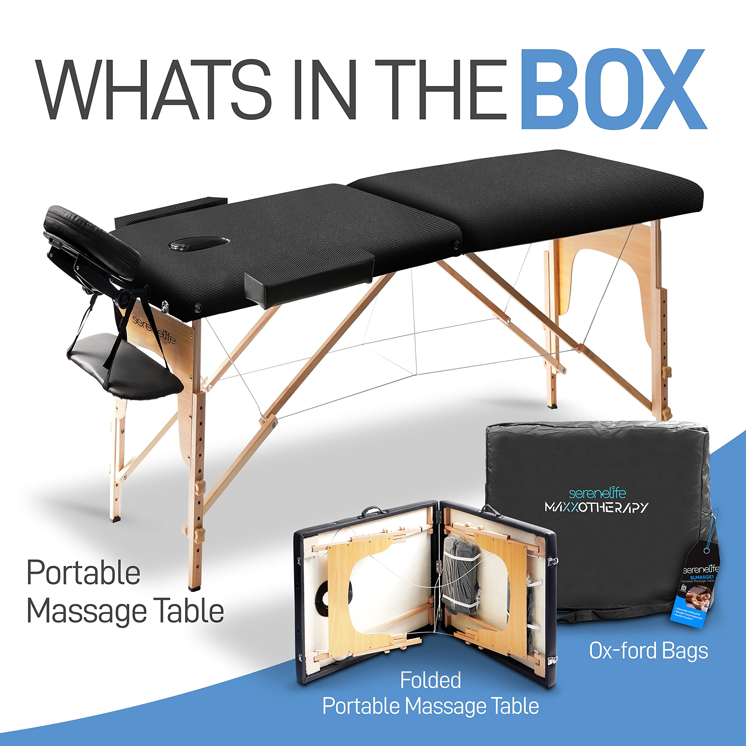 SereneLife Professional Portable Massage Table - Adjustable 3-Section Folding Therapy Bed with Carrying Case for Home Spa, Tattoo Parlor & Salon | Perfect for Massage Therapists, Estheticians & Tattoo Artists | Durable & Lightweight Black Design