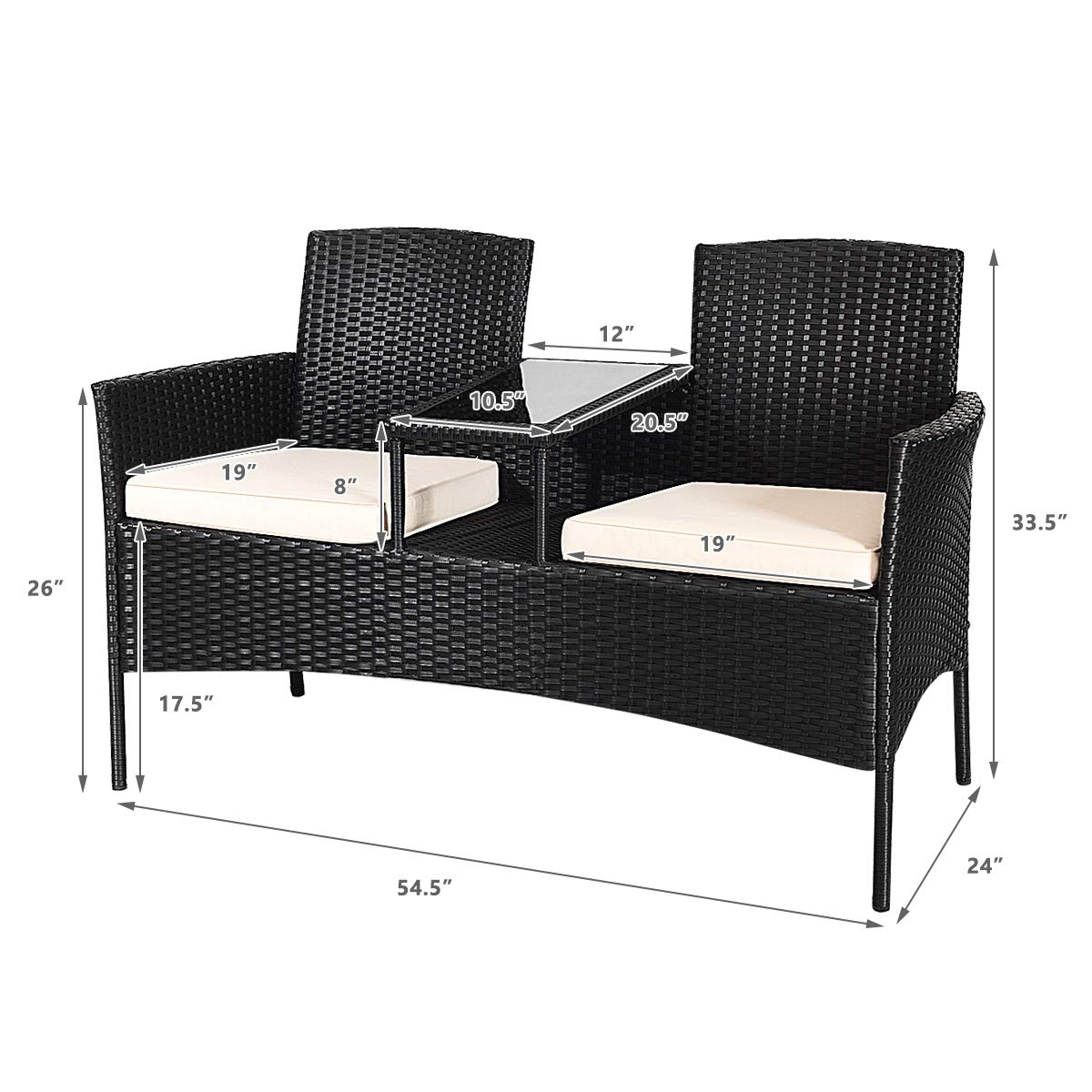 Modern White Outdoor Rattan Loveseat Sofa Set with Cushions & Glass Table - Patio Conversation Furniture for Garden, Lawn, Backyard - Perfect for Relaxing, Entertaining Guests, and Enjoying Outdoor Gatherings
