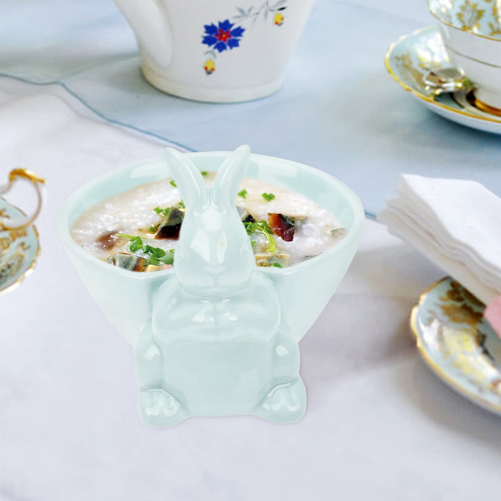 DOITOOL Ceramic Bunny Candy Dish - Easter Rabbit Bowl for Fruit, Snacks, Salad & Desserts - Blue Decorative Serving Bowl for Easter, Parties & Home Decor