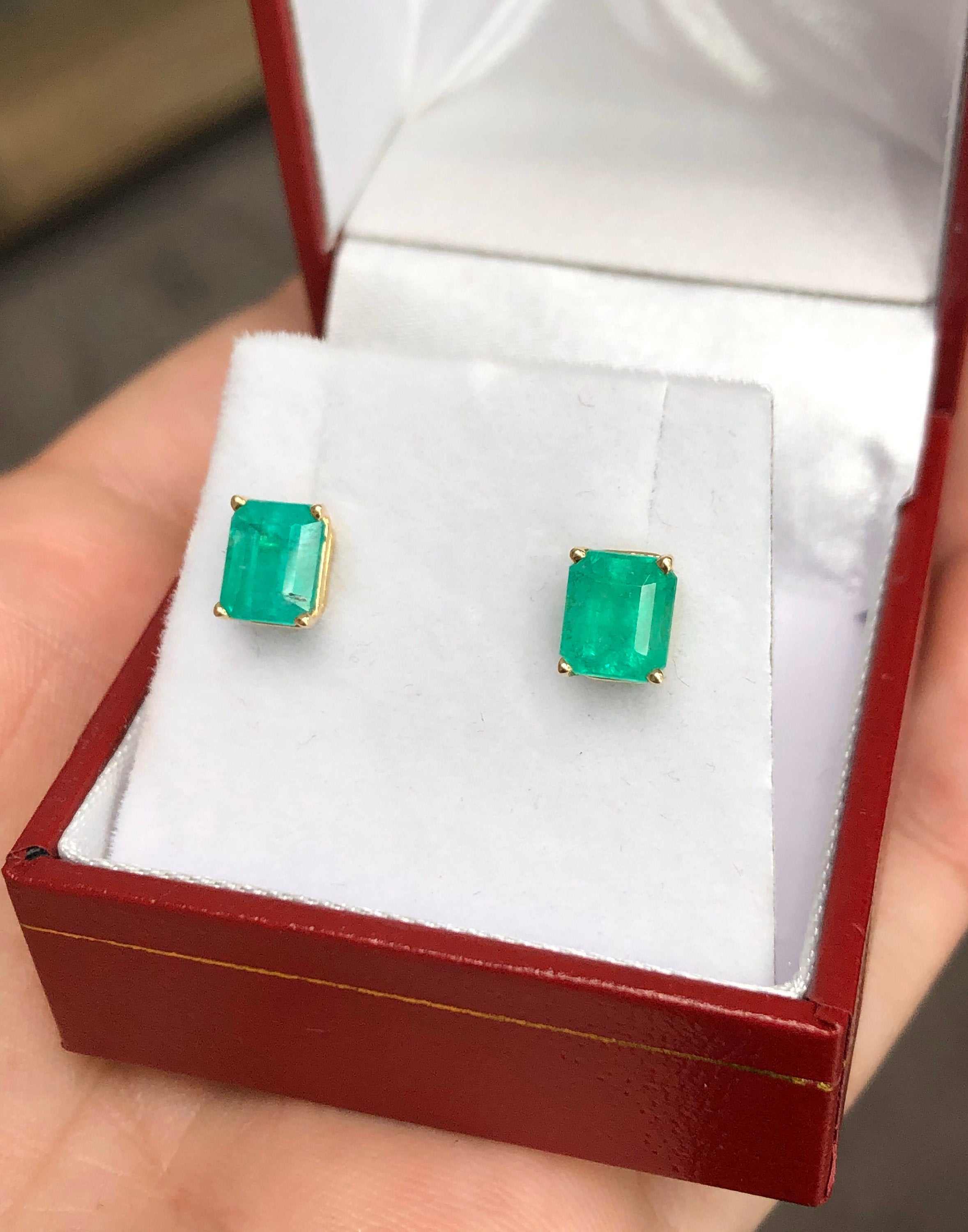 2.29tcw Emerald Cut Emerald Stud Earrings in 14K Yellow Gold - Elegant Four Prong Setting for Women, Perfect for Weddings, Parties & Special Occasions