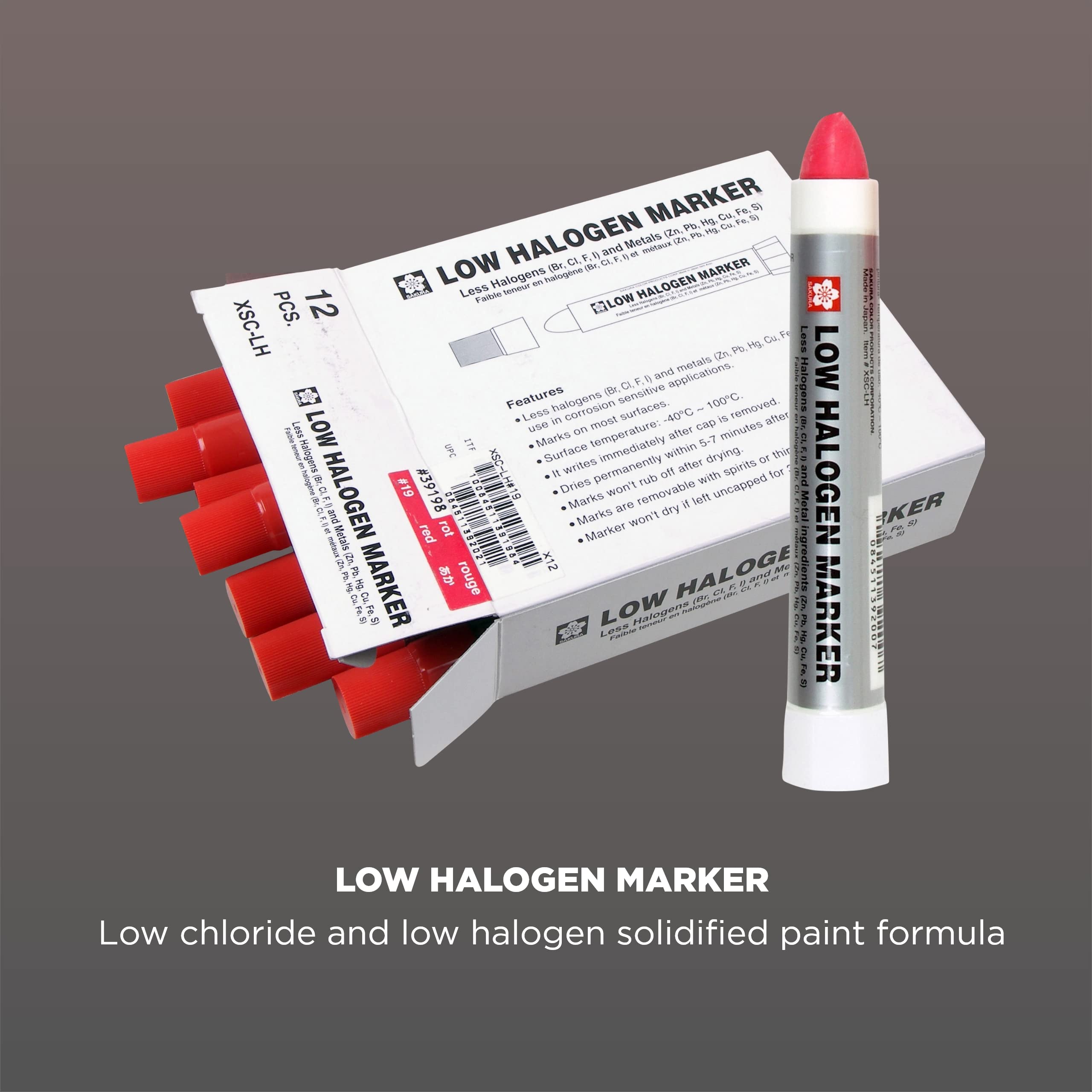 Sakura Low Halogen Solid Paint Markers - 12 Pack Permanent Marker Pens with Twist-Up Tip for Steel, Metal, Wood & Glass - Vibrant Red Paint for DIY Crafts, Industrial Labeling & Art Projects