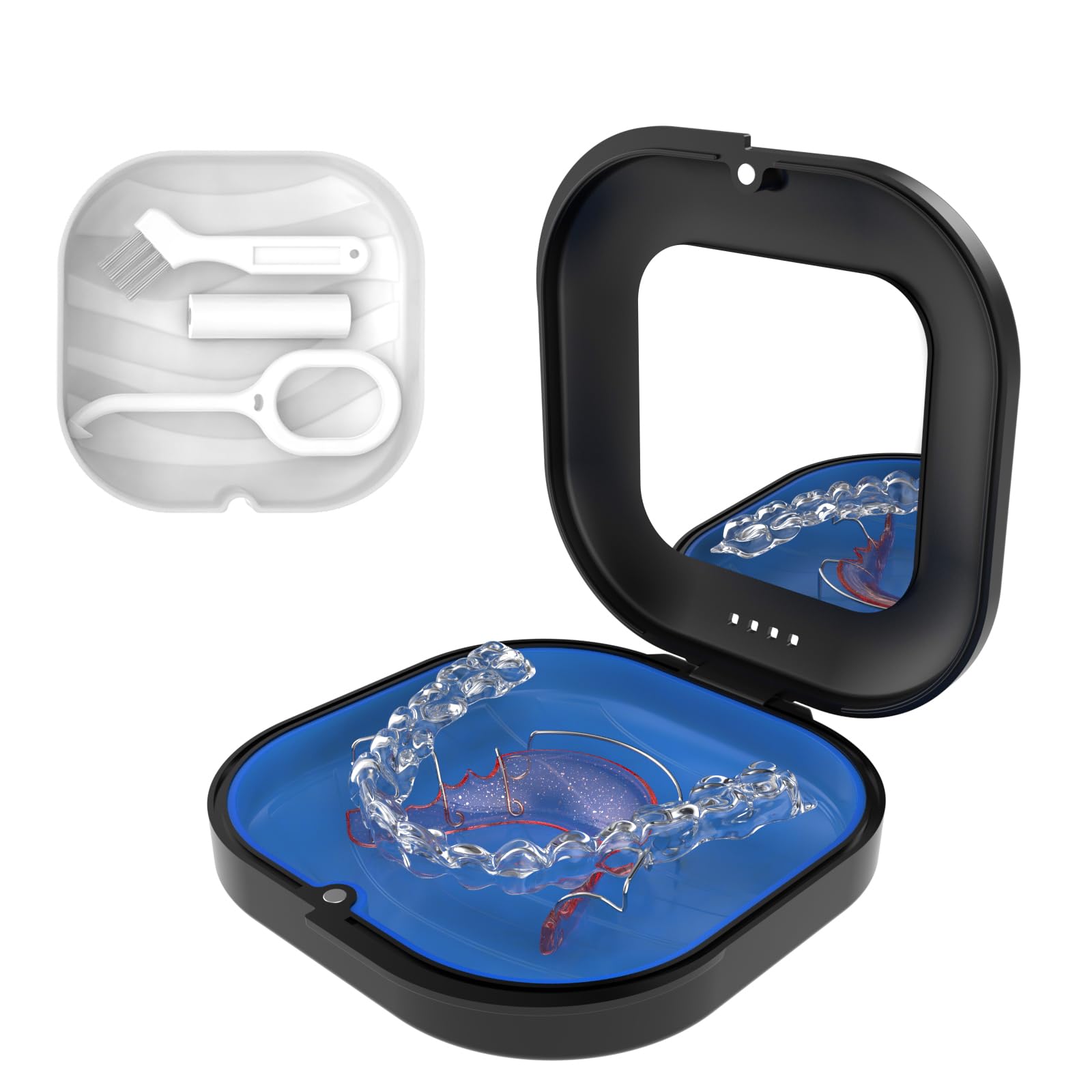 **Invisalign Retainer Case with Vent Holes - Cute Aligner & Mouth Guard Storage with Mirror, Replaceable Silicone Pads, Removal Tool & Brush (Black) - Perfect for Travel & Daily Dental Care**