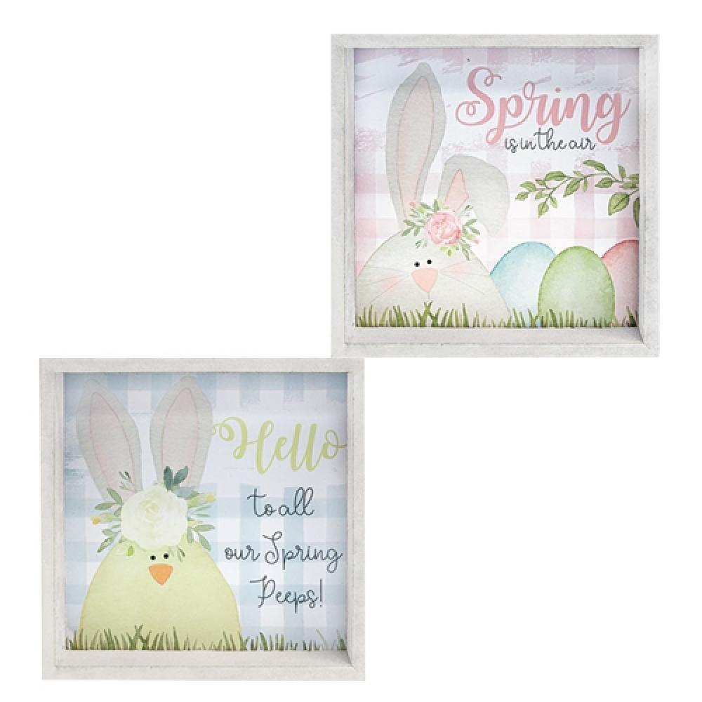 Hello Spring Box Sign - 2 Pack Assorted Wooden Decorations for Home, Easter, and Spring Party Decor