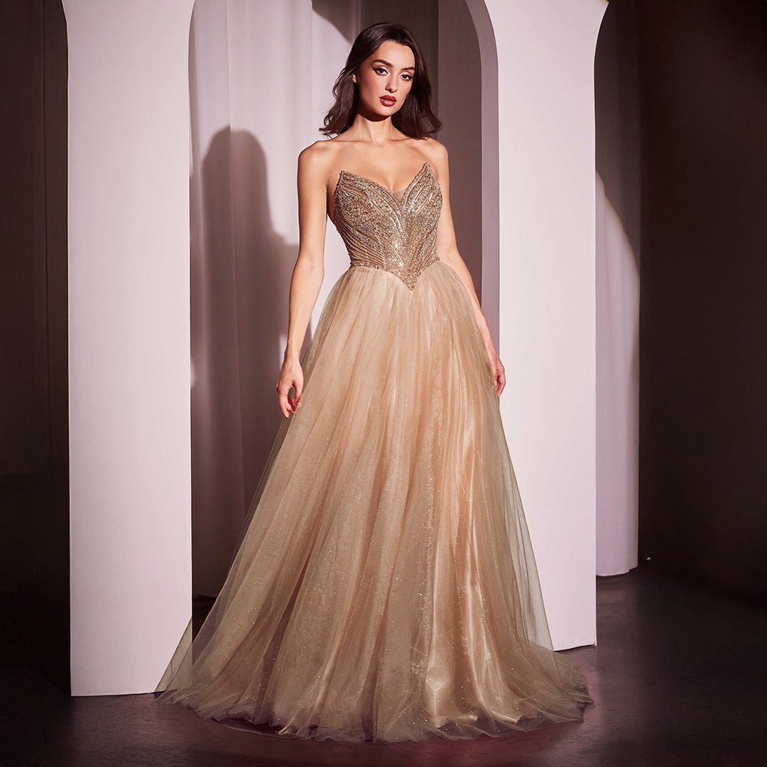 Ladivine by Cinderella Divine Mocha Gold Beaded Strapless Tulle Prom Dress for Homecoming, Wedding, Pageant & Formal Events | Elegant Evening Gown for Women & Teens