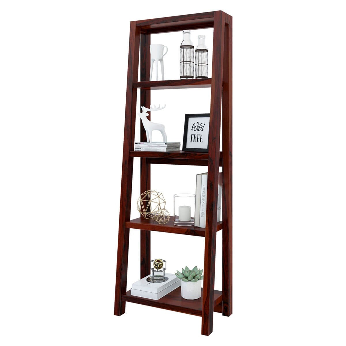 Hagerstown Solid Wood 4-Tier Open Shelf Ladder Bookcase - Space Saving Leaning Bookshelf for Living Room, Bedroom & Office Storage