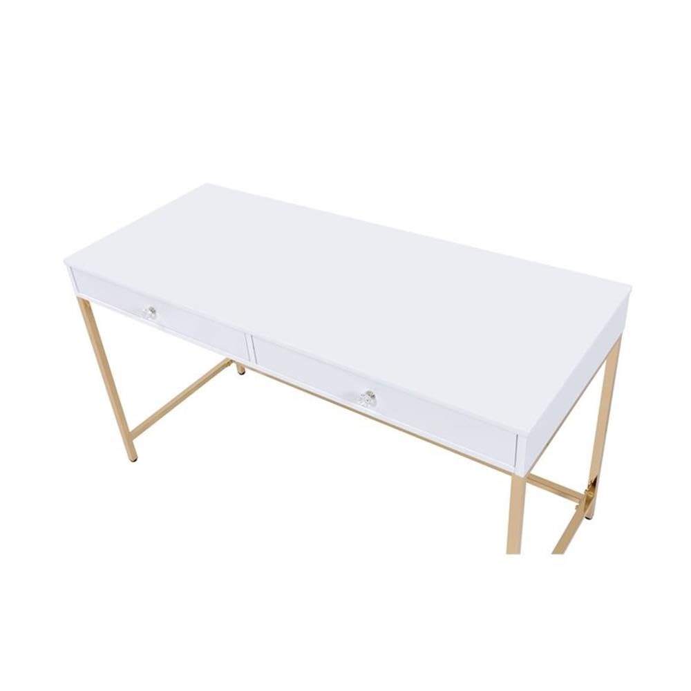 Acme Ottey 2-Drawer White High Gloss Vanity Desk with Gold Metal Legs - Perfect for Bedroom Makeup & Dressing Table, Home Office Workspace