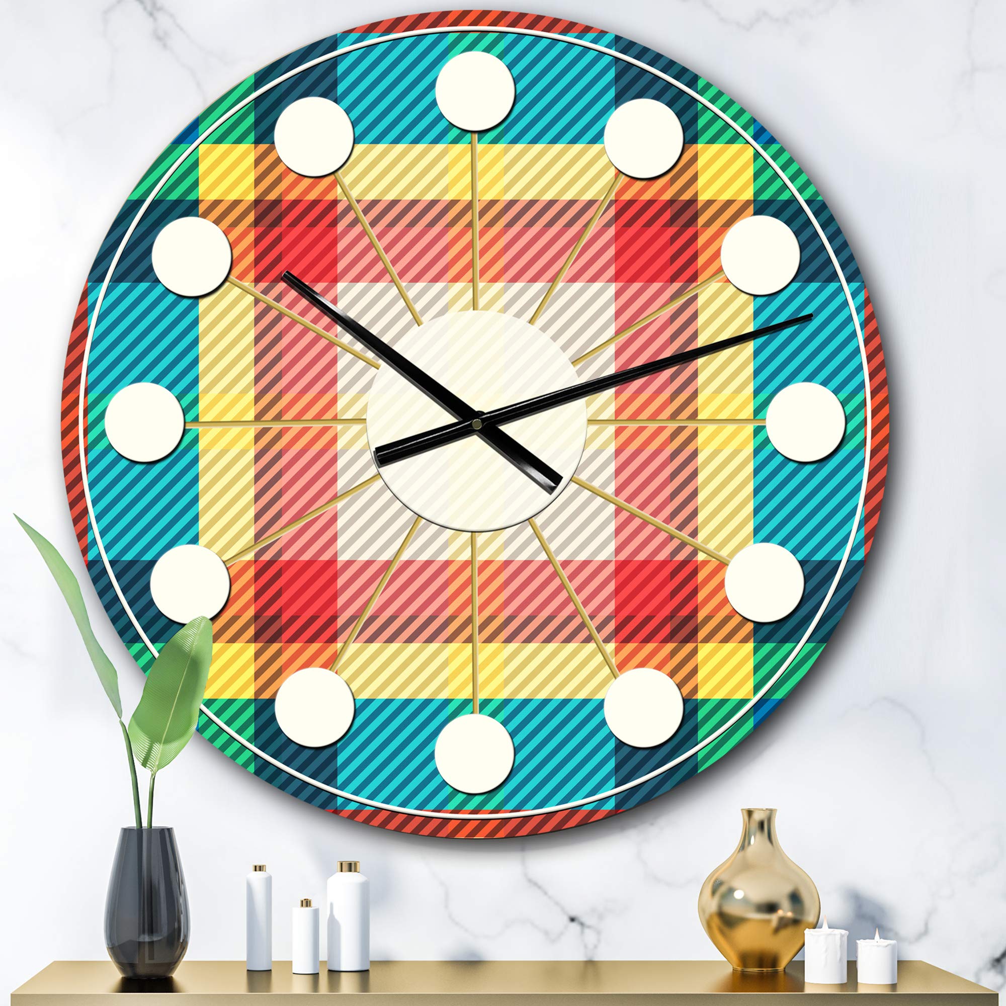 Designart Tartan Geometrical Texture III Mid-Century Modern Round Wall Clock - Metal Decorative Wall Art for Home, Living Room, Bedroom & Office Decor | Perfect for Contemporary Spaces & Gift Giving