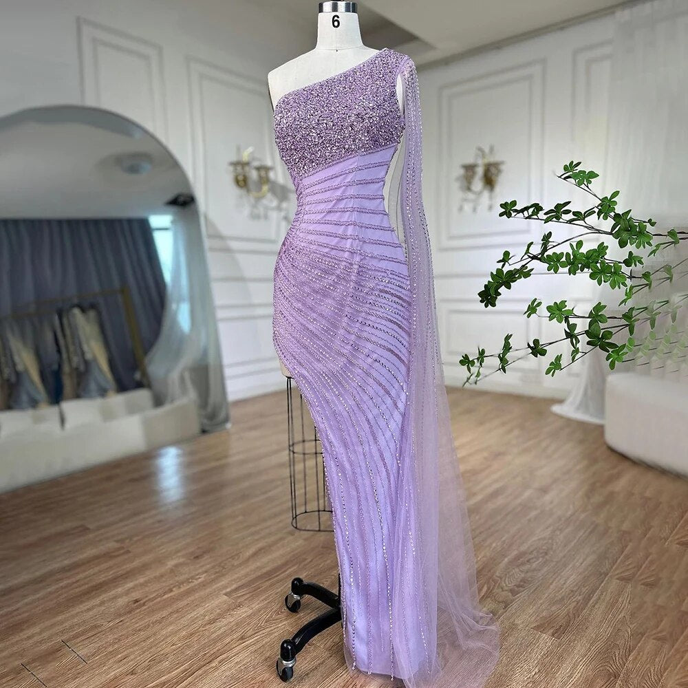 Serene Hill Lilac Mermaid Elegant One Shoulder Sexy High Slit Beaded Evening Dress Gown 2025 for Women - Perfect for Weddings, Prom, Cocktail Parties & Formal Events