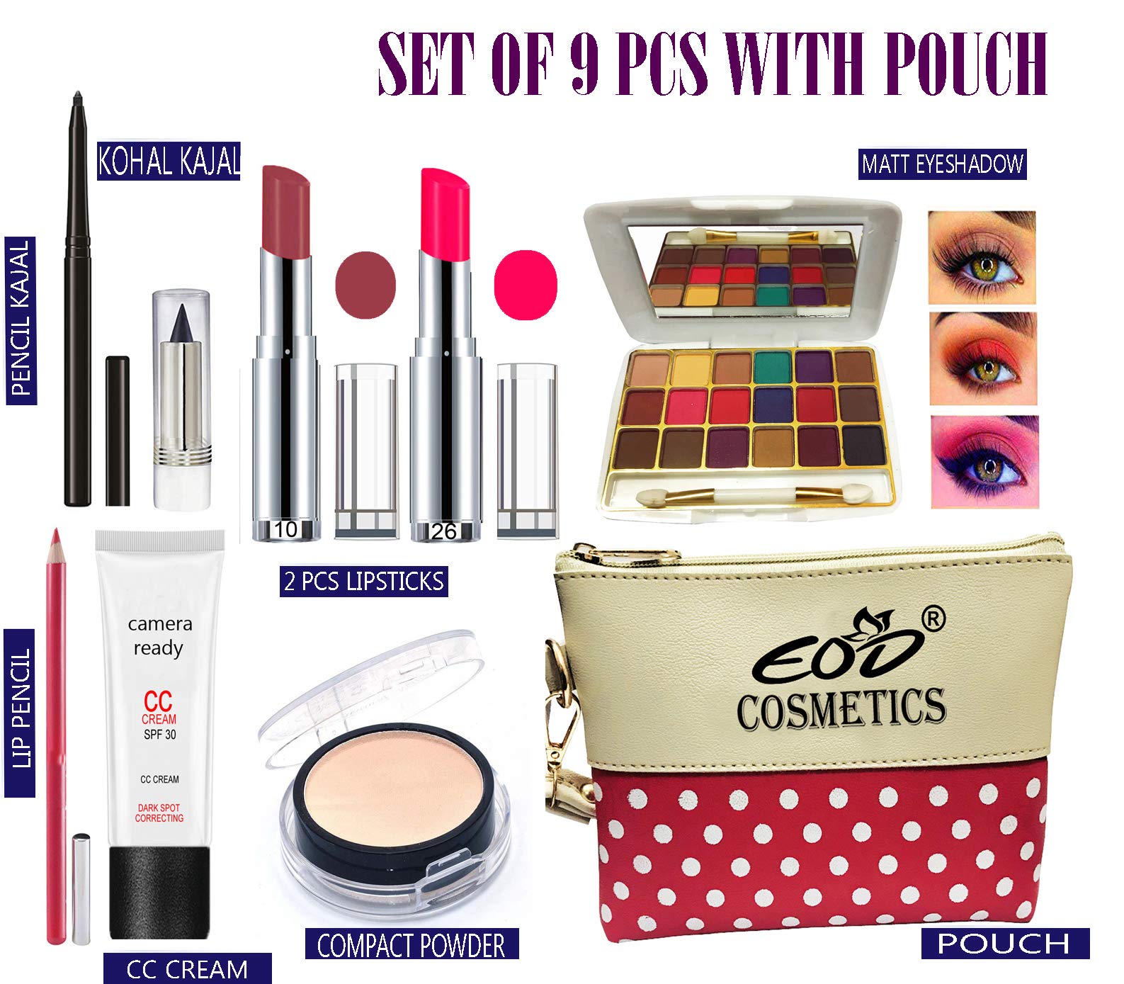 Premium 9-Piece Makeup Kit for Women - Complete Cosmetic Set with Pouch | Perfect for Travel, Everyday Use & Gift Giving (Eod A55 Collection)
