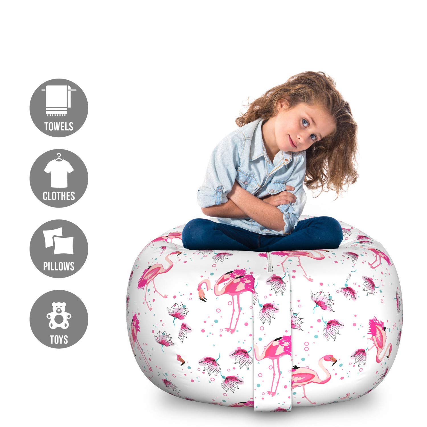 Ambesonne Flamingo Print Storage Bag Chair - Large Washable Toy Organizer for Stuffed Animals, Kids Room Decor, and Playroom Storage - Cadet Blue & Pink Hawaiian Floral Design