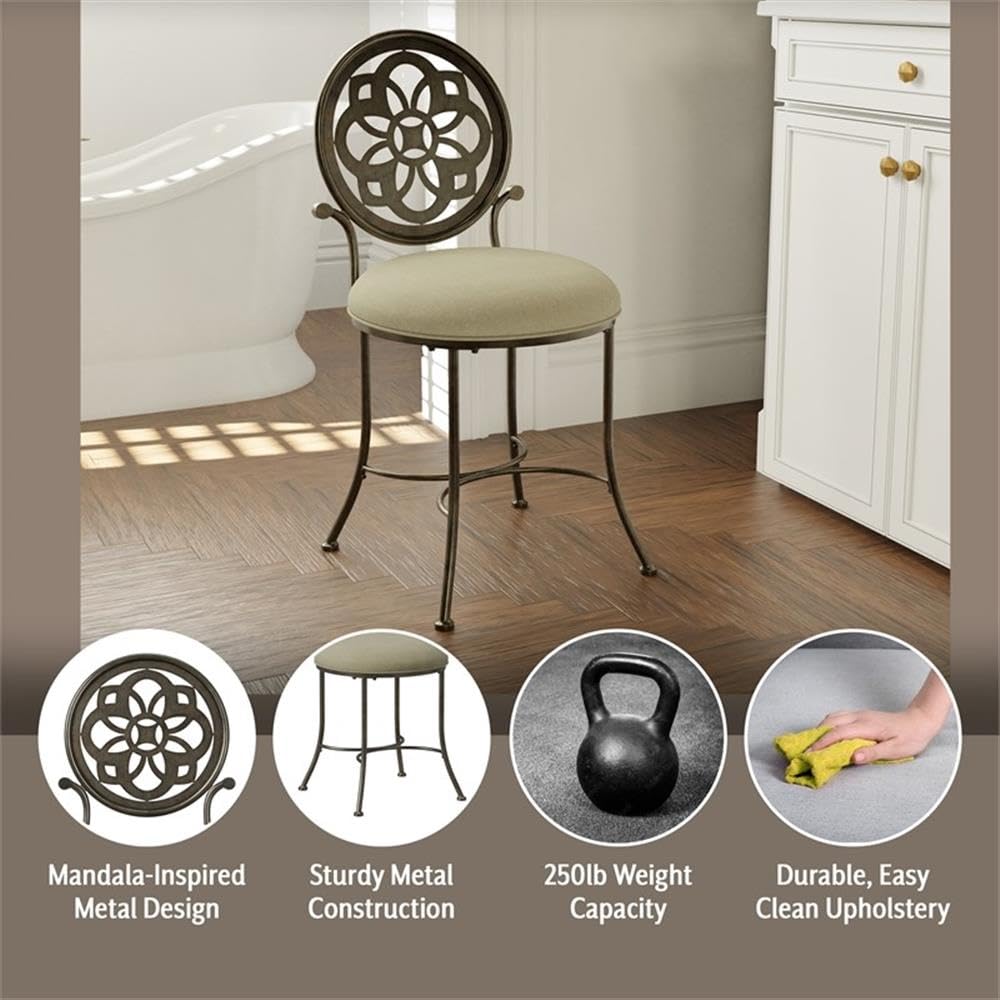 Hillsdale Marsala Metal Vanity Stool with Circular Geometric Back Design - Gray Makeup Stool for Bathroom, Dressing Room & Bedroom Decor | Perfect for Vanity, Makeup Area & Home Decor