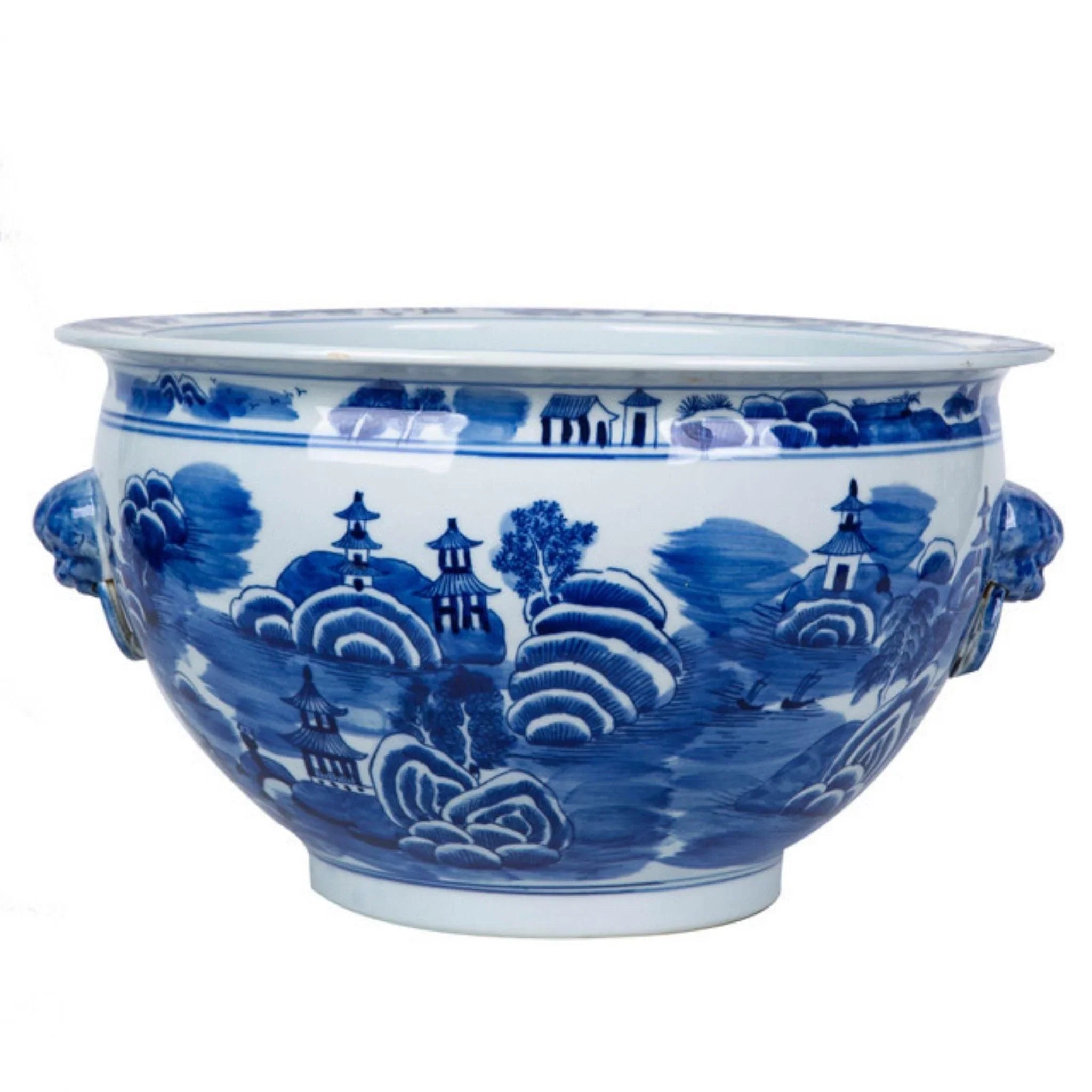 Blue and White Mountain Pagoda Porcelain Planter with Lion Head Handle - Elegant Chinese Ceramic Flower Pot for Home Decor, Office Desk, and Garden Display