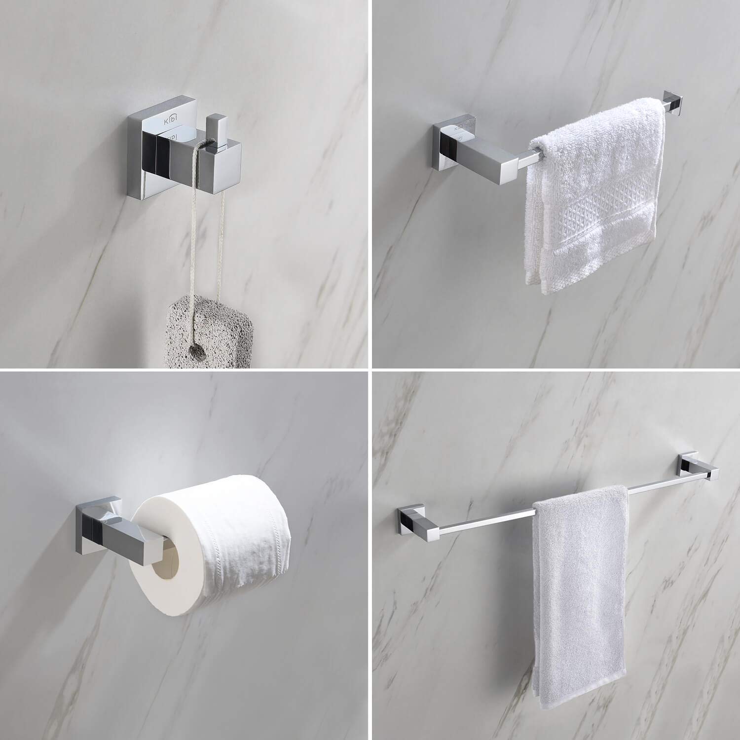 KIBI Cube 4-Piece Bathroom Hardware Set - Solid Brass Towel Bar, Towel Ring, Toilet Paper Holder & Robe Hooks - Chrome Finish (C-KBA15-4) | Modern Bathroom Accessories for Home & Hotel Decor