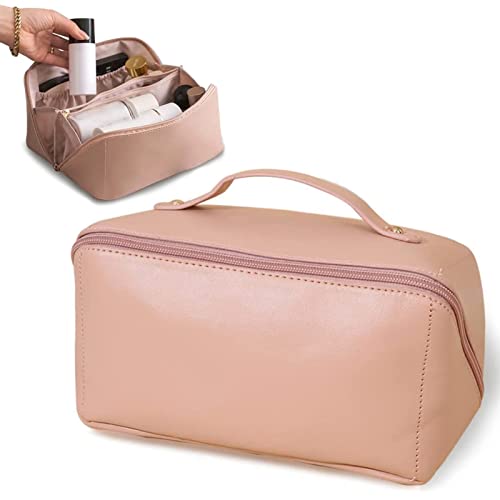 Large-Capacity Waterproof Travel Cosmetic Bag - PU Leather Makeup Organizer with Handle & Divider - Portable Toiletry Pouch for Women (Pink) | Perfect for Vacation, Business Trips & Gym Essentials Storage