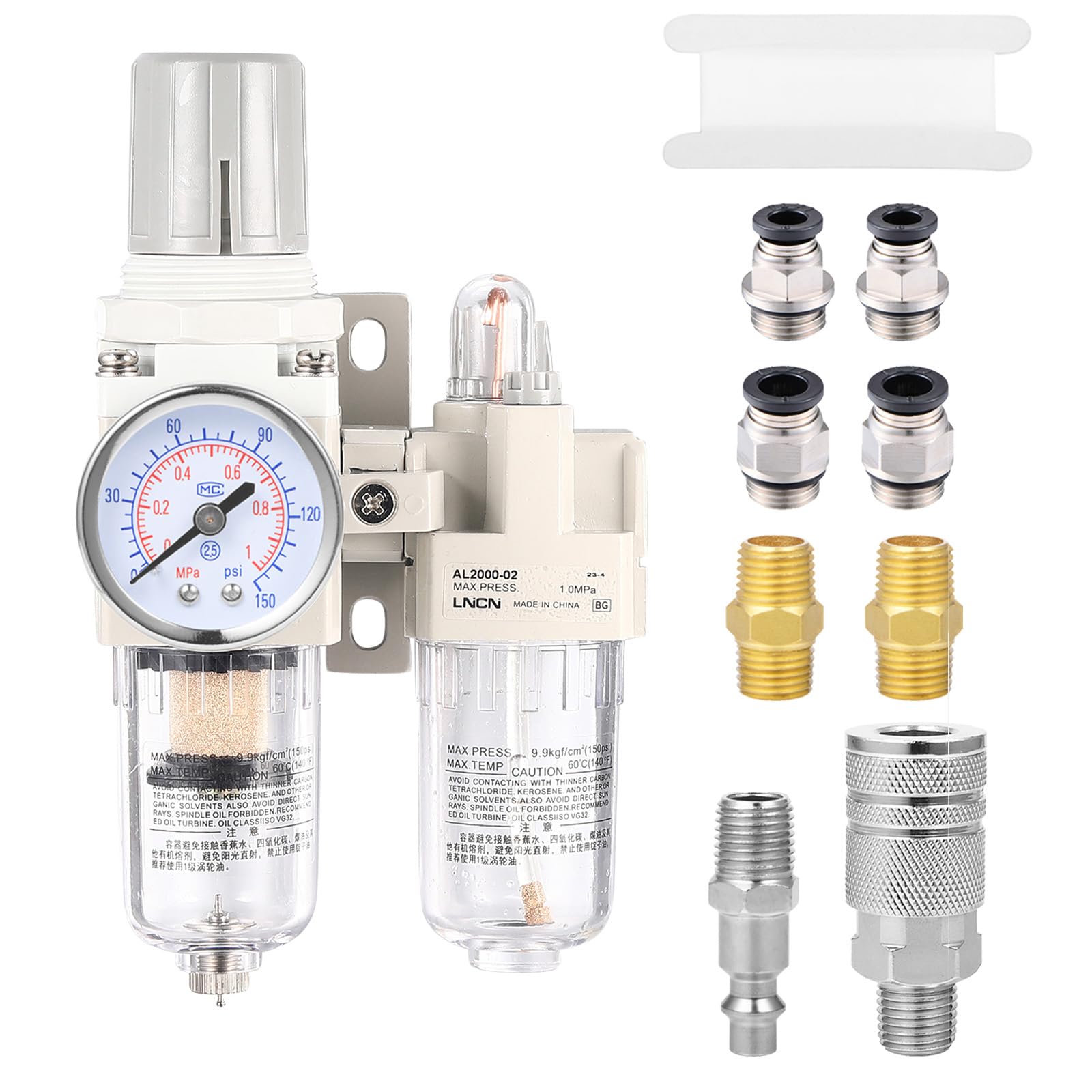 1/4 Inch Air Compressor Filter Regulator Lubricator (FRL) Combo - AC2010-02 - Water Oil Separator & Pressure Regulator with Lubricator Cup for Pneumatic Tools & Air Systems