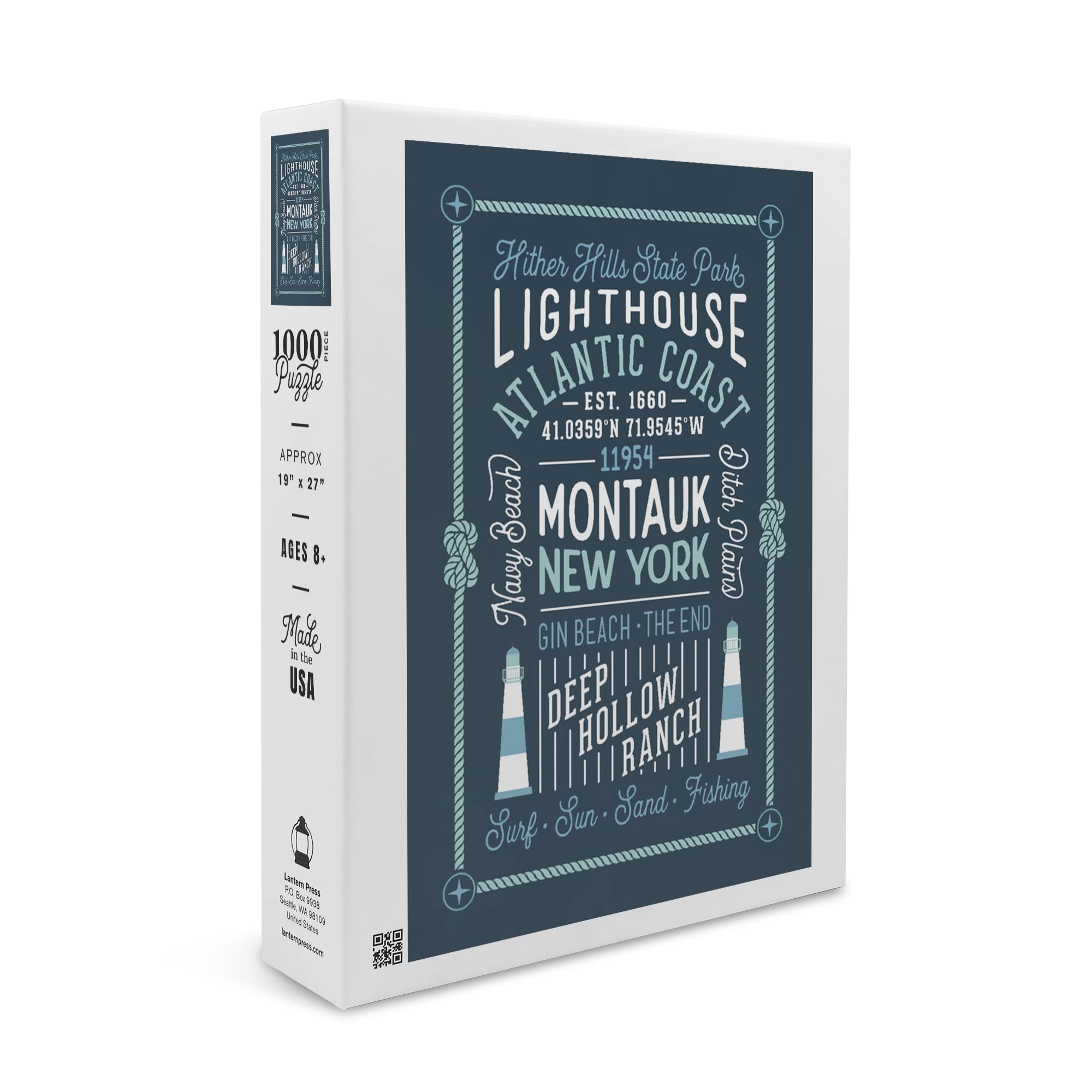 Montauk New York Typography Blue 1000 Piece Jigsaw Puzzle - 19x27 Inches, Challenging Puzzle for Adults & Family, Made in USA - Perfect for Relaxation, Family Bonding & Home Decor