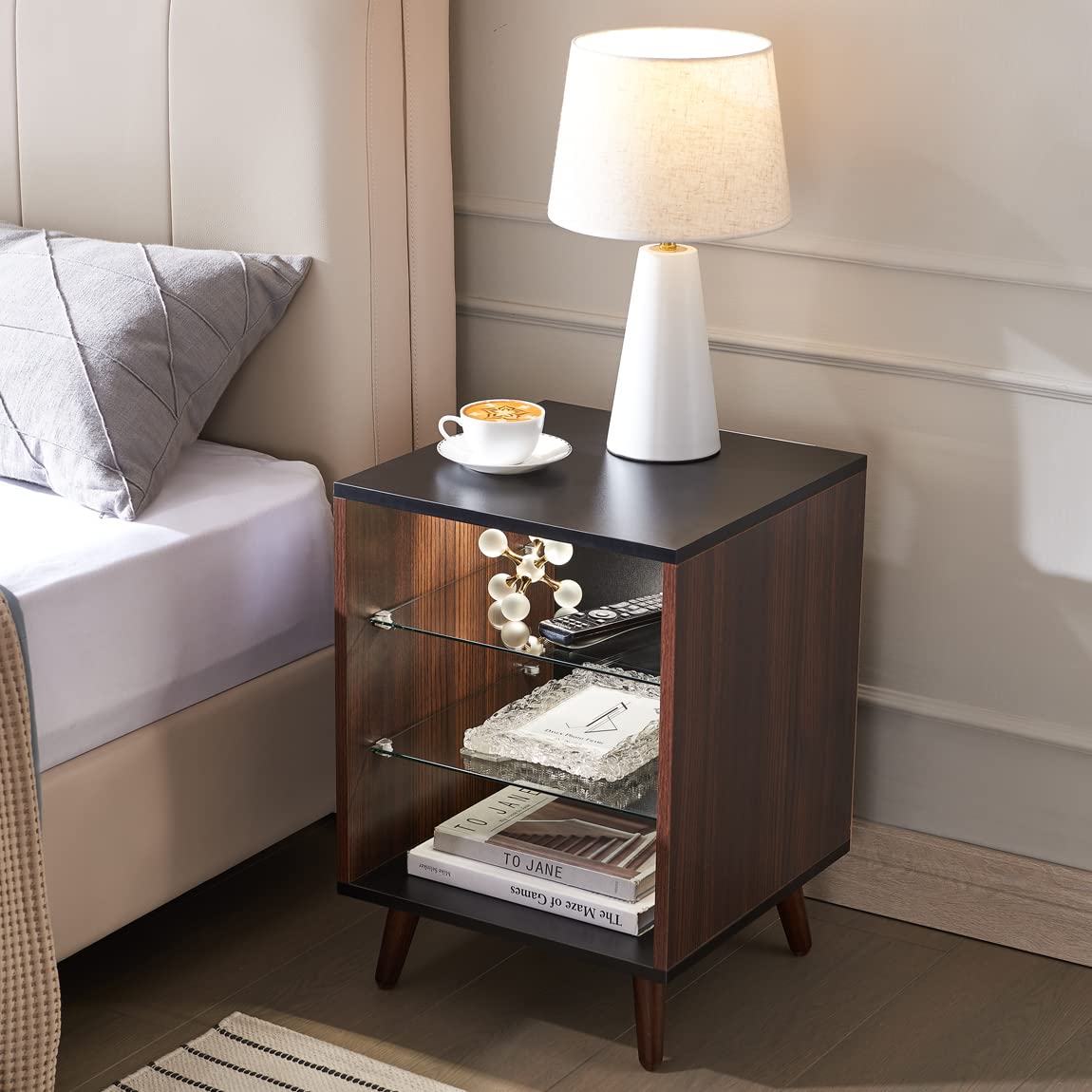 Modern LED Wooden Nightstand with Glass Storage Shelf - 3-Tier Bedside Table with Adjustable LED Color Temperature (Warm/White/Cool) in Walnut Finish - Perfect for Bedrooms, Living Rooms, and Small Spaces