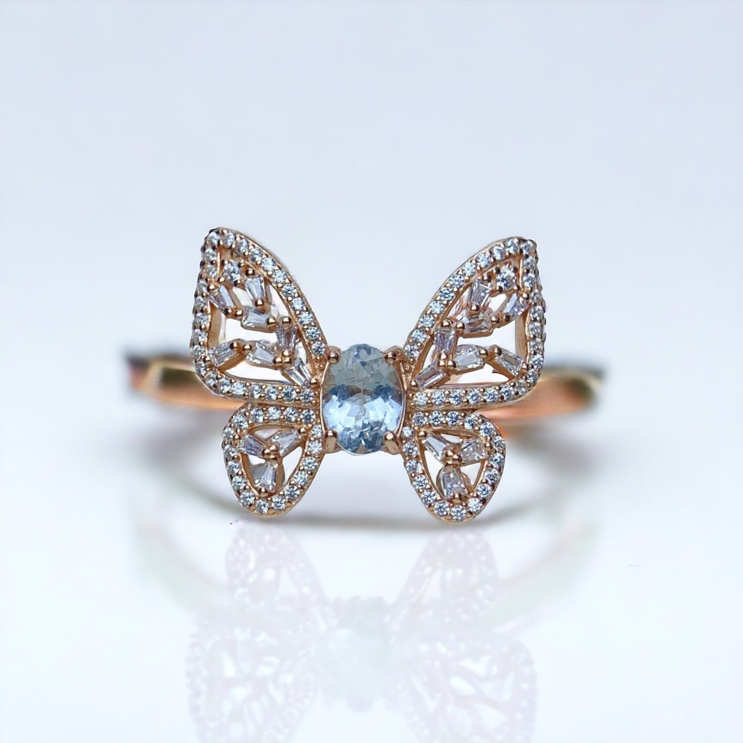 18K Gold Butterfly Aquamarine Crystal Ring for Women - Elegant Vintage Jewelry Gift for Birthday, Anniversary & Valentine's Day | NS2401
