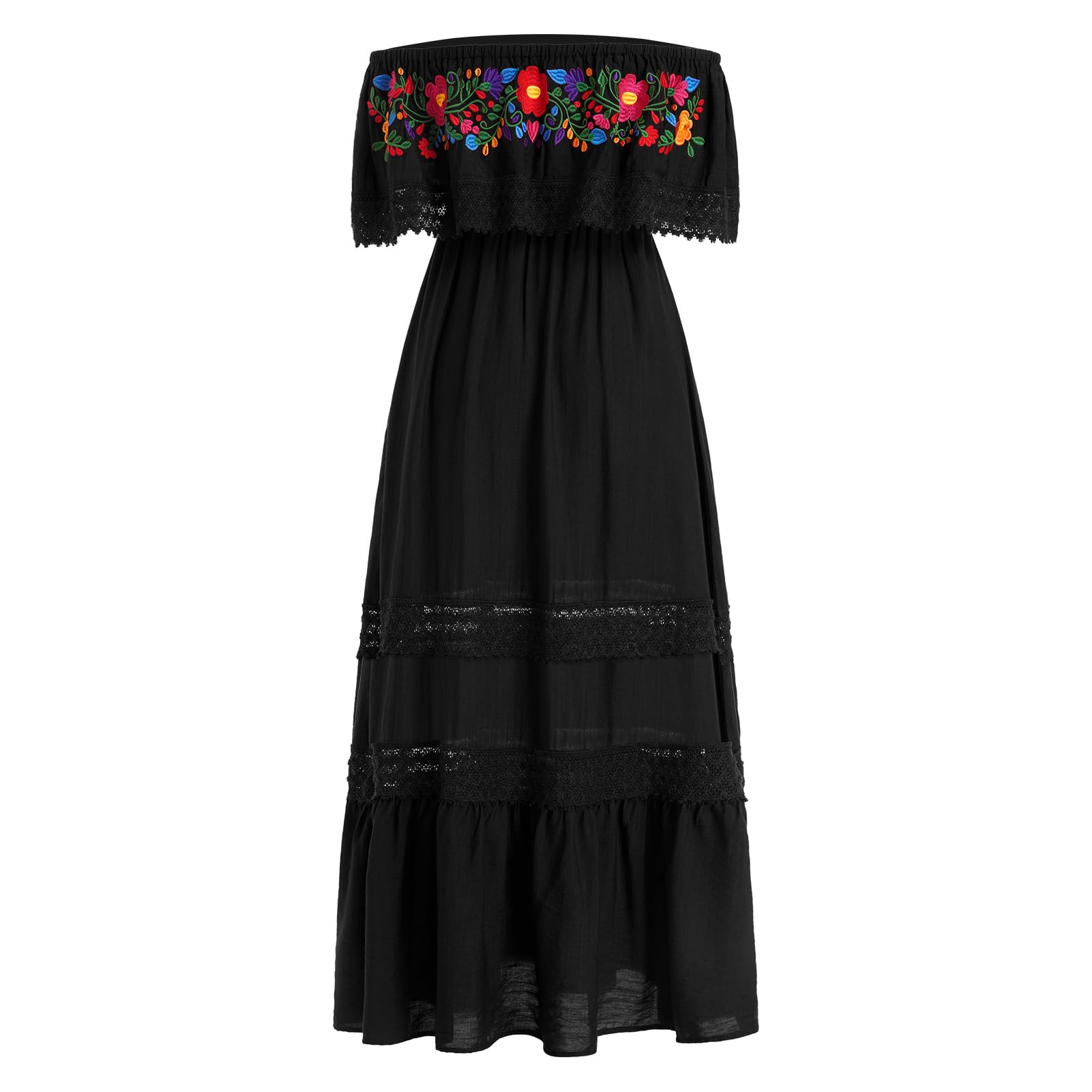 IDOPIP Mexican Dresses for Women - Floral Embroidered Maxi Dresses, Summer Ruffle Off Shoulder Traditional Fiesta Party Vestidos - Perfect for Cinco de Mayo, Beach Vacations & Cultural Celebrations
