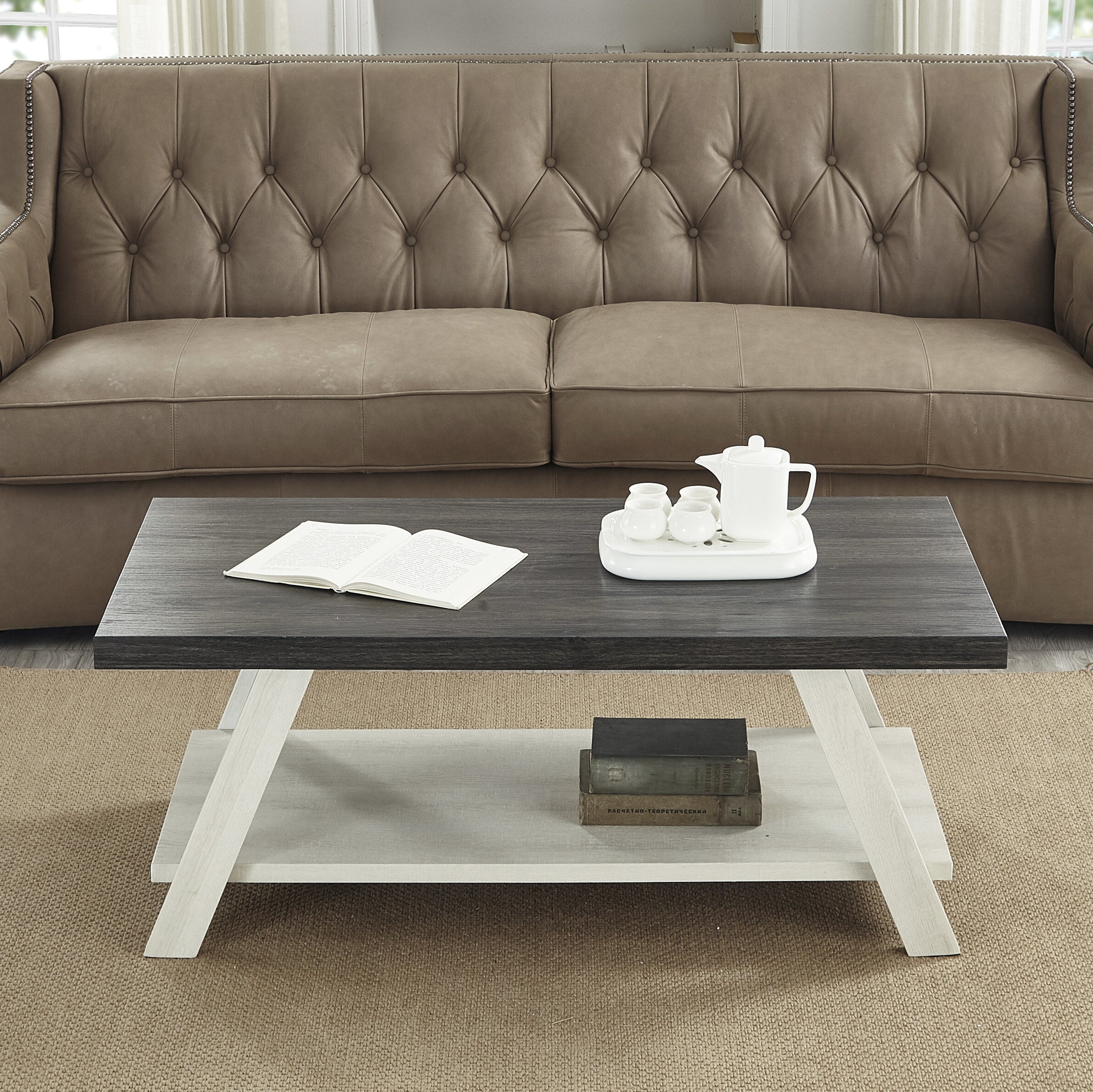 Roundhill Furniture Athens Contemporary Two-Tone Wood Shelf Coffee Table - Weathered Charcoal & Beige Finish - Modern Living Room Centerpiece for Small Spaces & Apartments
