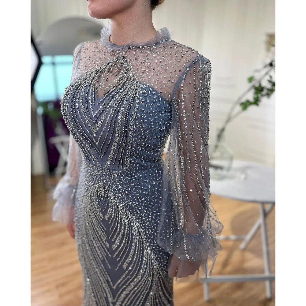 Elegant Purple Mermaid Evening Gown with High Neck & Long Sleeves - Beaded Luxury Women's Party Dress for Prom, Wedding & Formal Events | LA71690