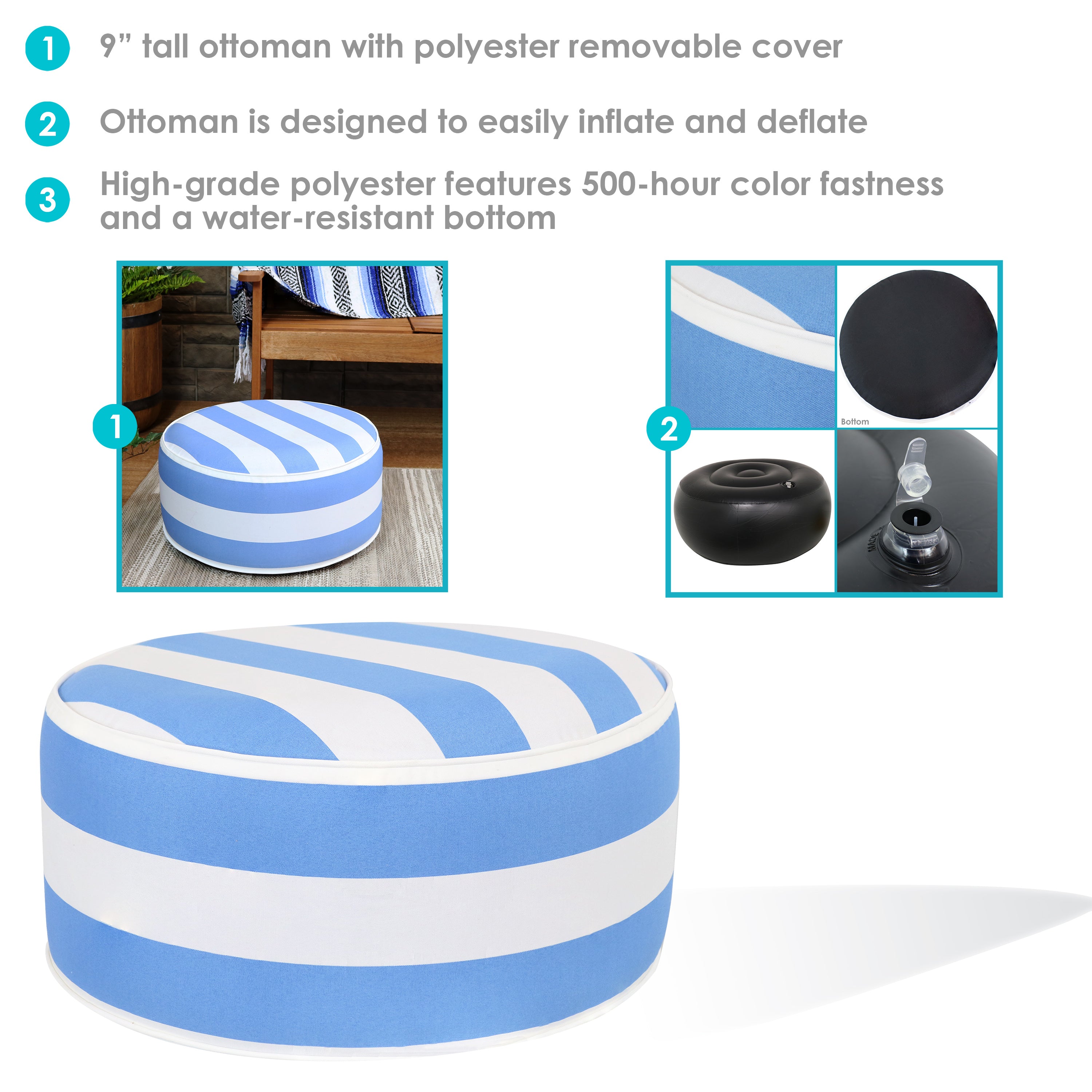 Sunnydaze All-Weather Inflatable Outdoor Ottoman with Beachbound Stripe - Perfect for Patio, Poolside, Beach & Backyard Relaxation